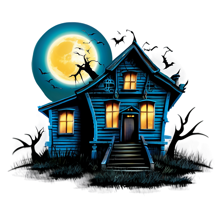 Haunted_ House_ Under_ Full_ Moon PNG