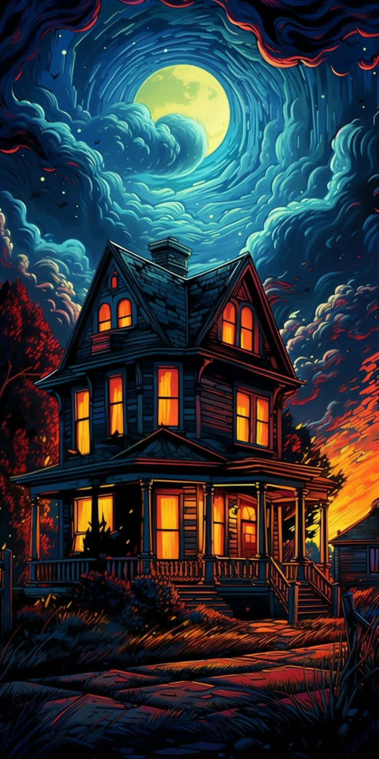 Haunted_ House_ Under_ Full_ Moon_ Vintage_ Halloween Wallpaper