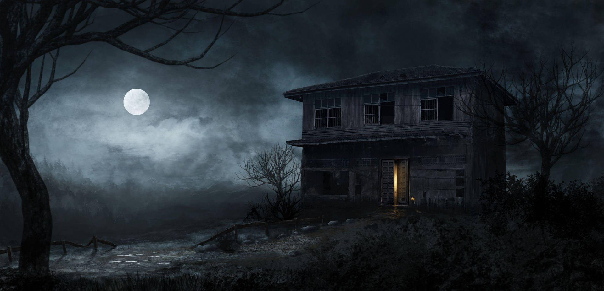 Haunted House With Bright Moon Wallpaper