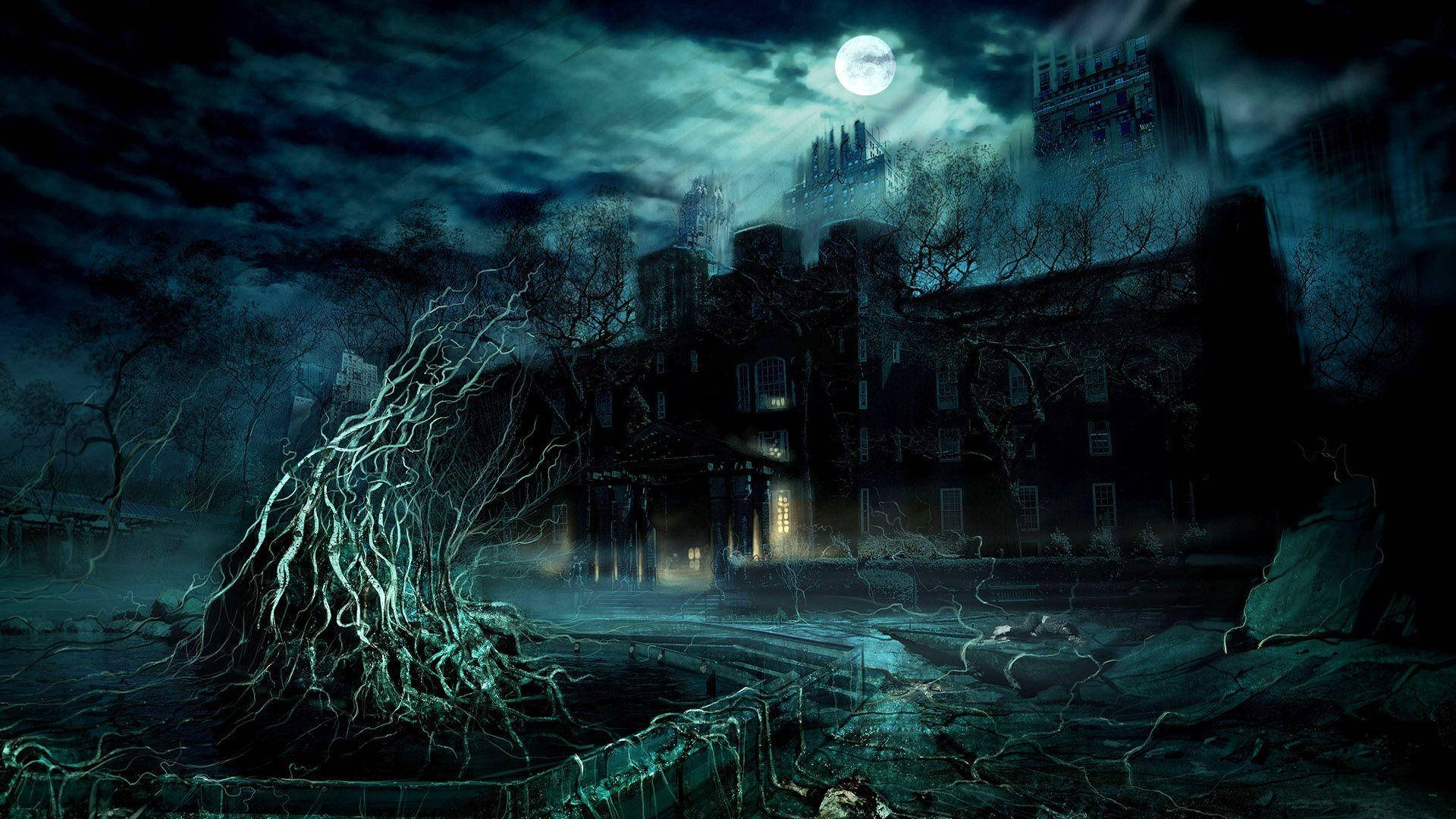 Haunted House With Creepy Trees Wallpaper