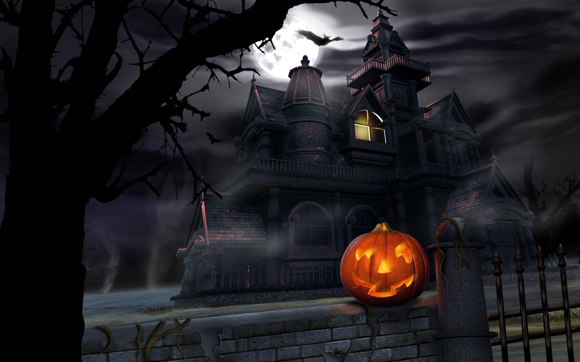 Haunted House With Glowing Pumpkin Wallpaper