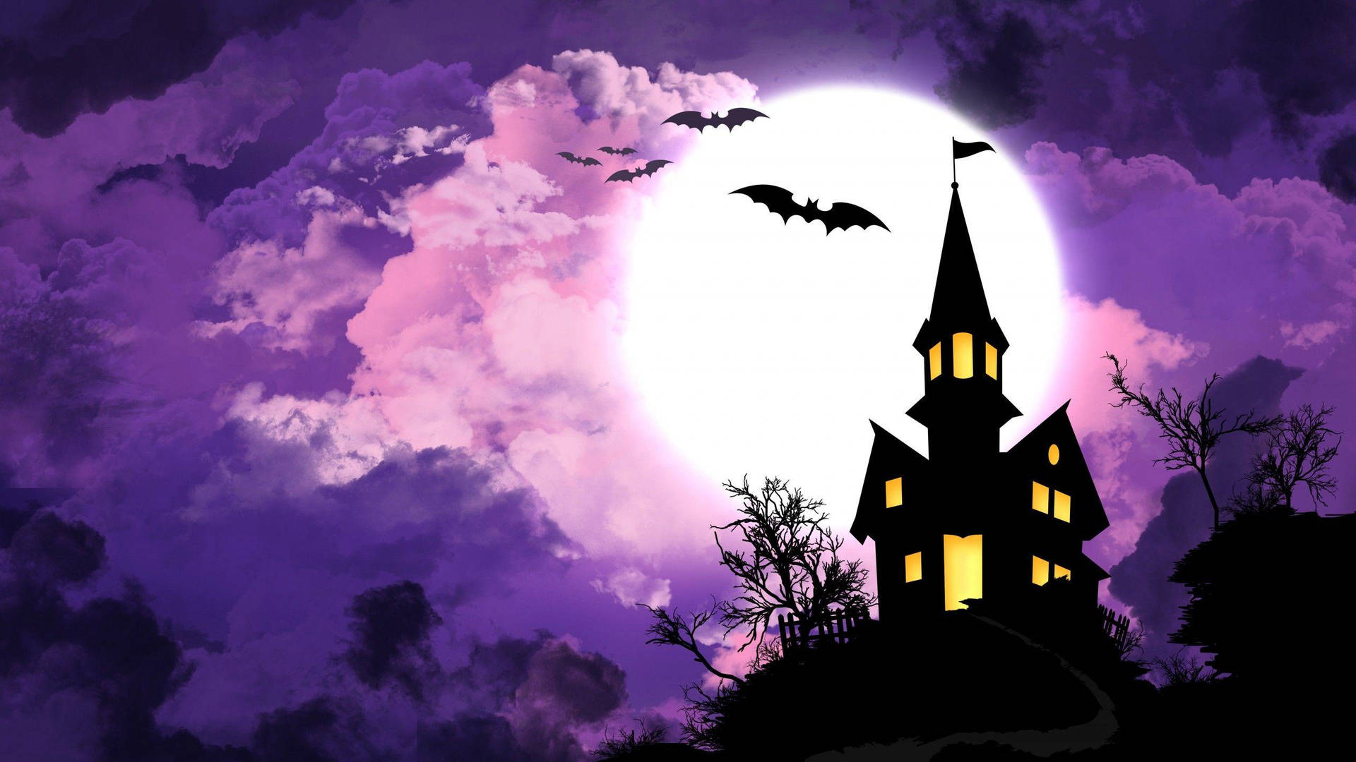 Haunted House With Purple Night Sky Wallpaper