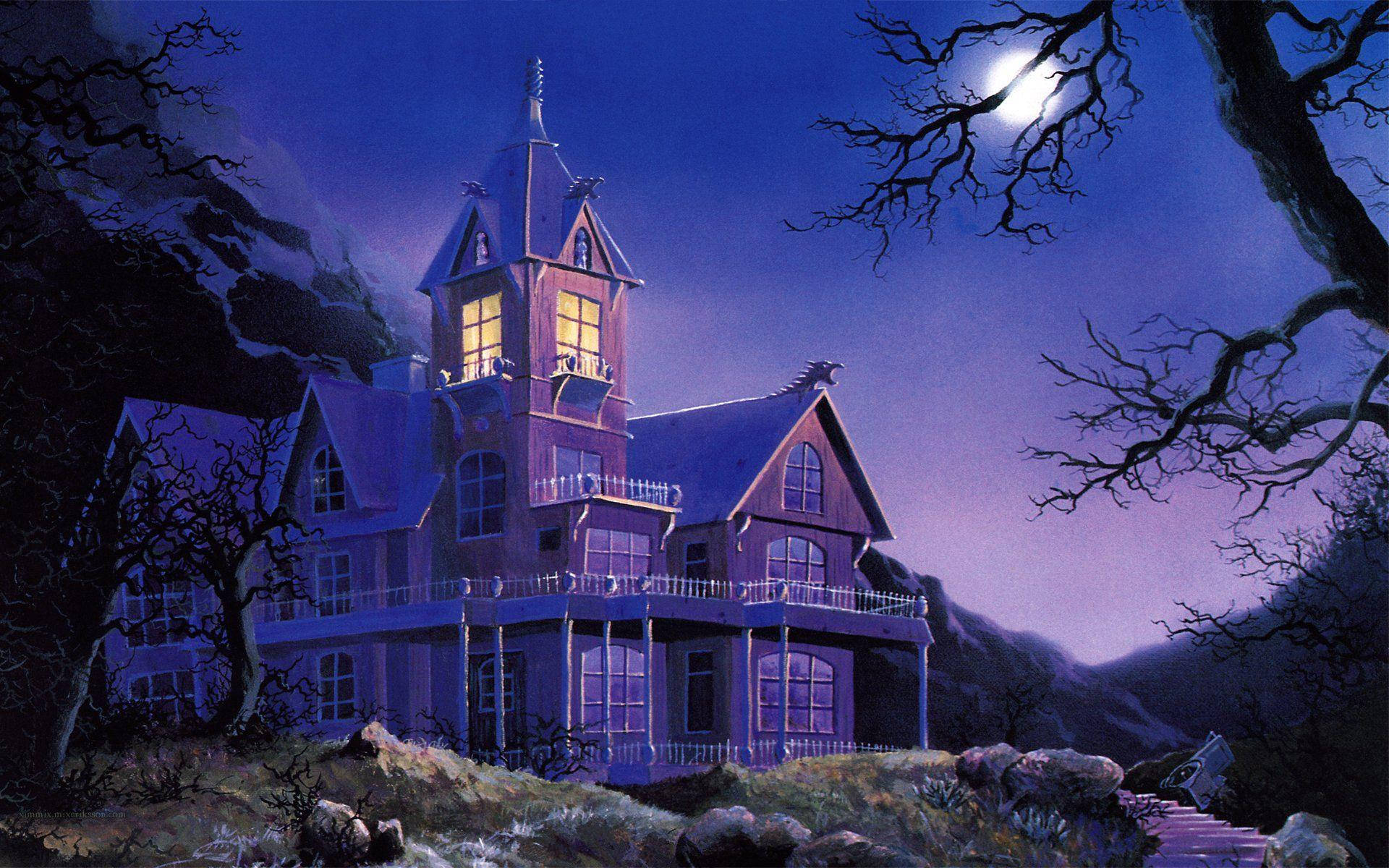 Haunted House With Purple Night Sky Wallpaper