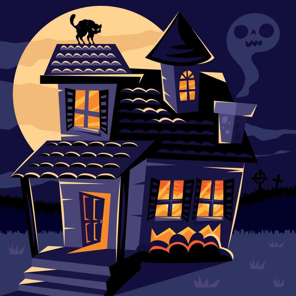 Halloween House With A Cat And A Bat On The Roof