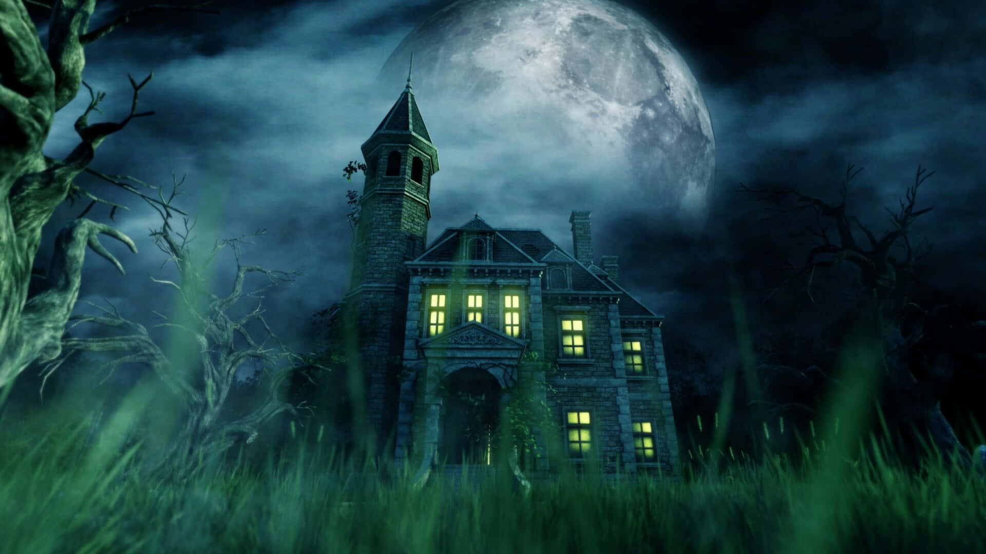 Billeder af Spøgelses Slot dækker hele baggrunden.