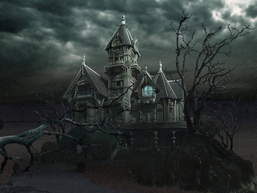 Haunted Mansion With Dead Trees Wallpaper