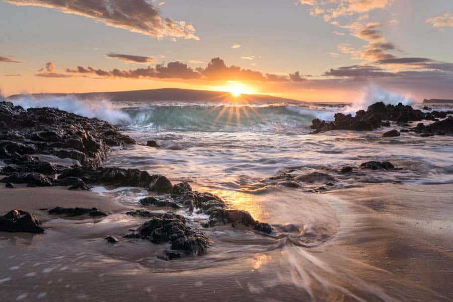 Hawaiian Sunset Rocky Ocean Pictures