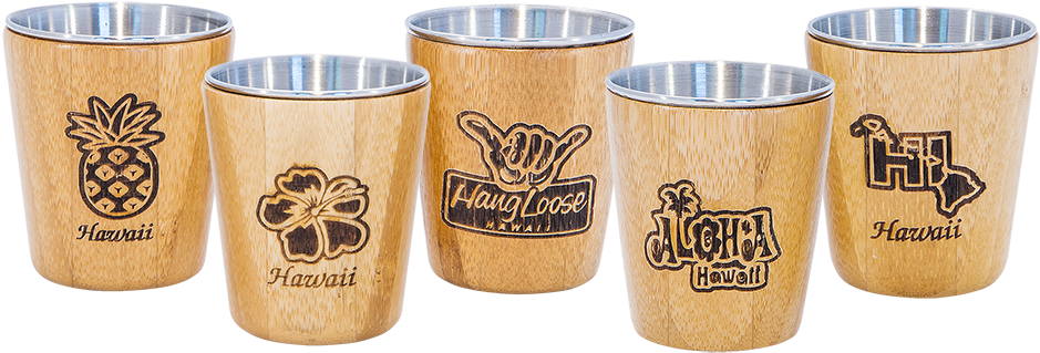 Hawaiian Themed Wooden Shot Glasses PNG