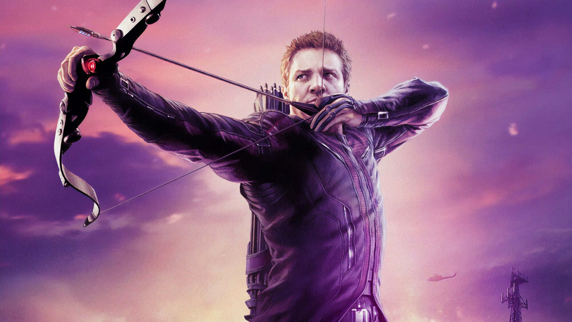 "Hawkeye wielding his iconic bow and arrow".