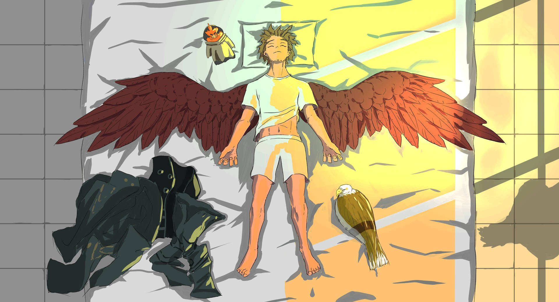 Hawks My Hero Academia Lying On Bed Wallpaper