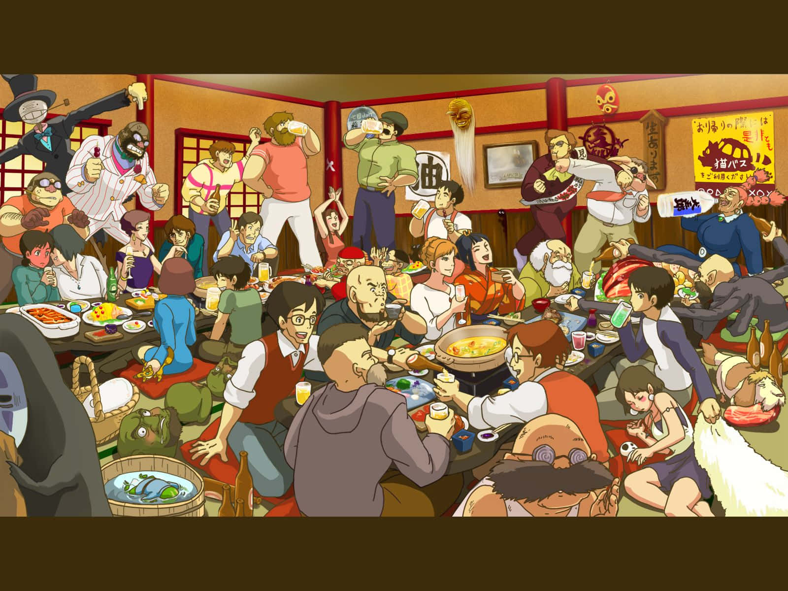 Enchanting collage of characters from Hayao Miyazaki films Wallpaper