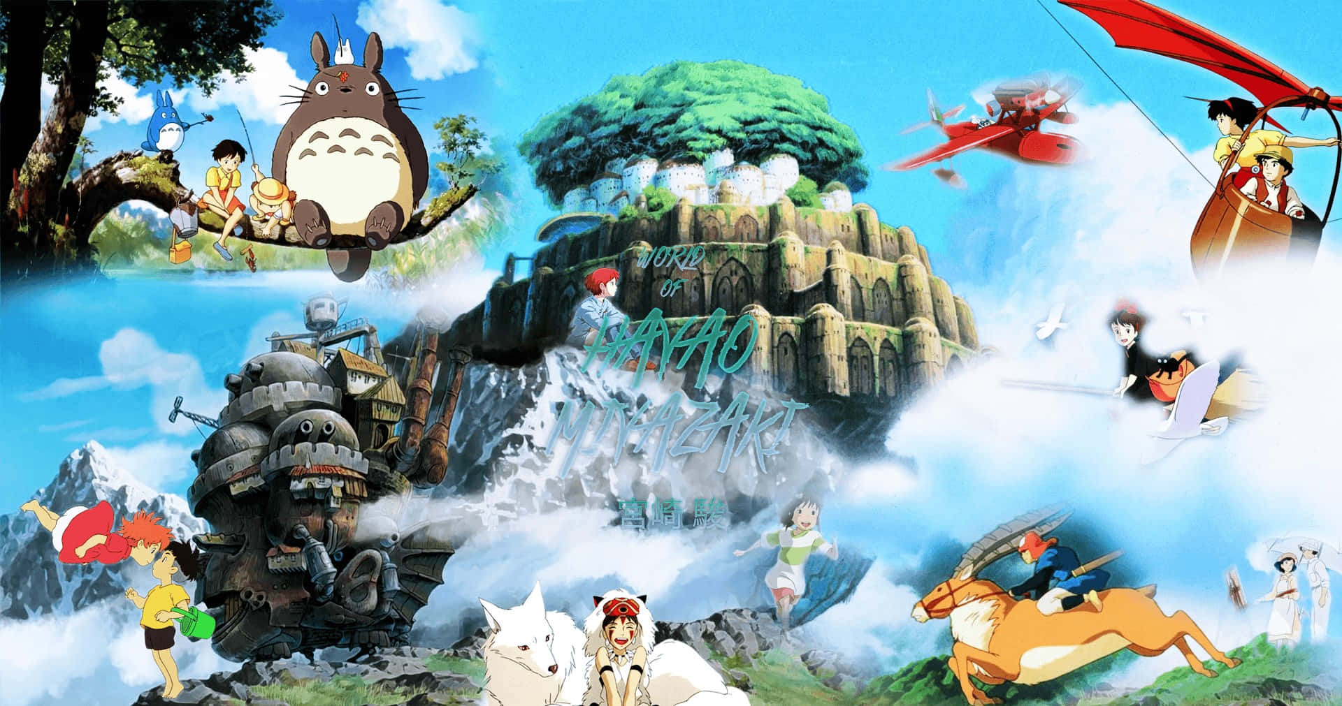 Iconic Hayao Miyazaki Movie Characters in a Magical Forest Wallpaper