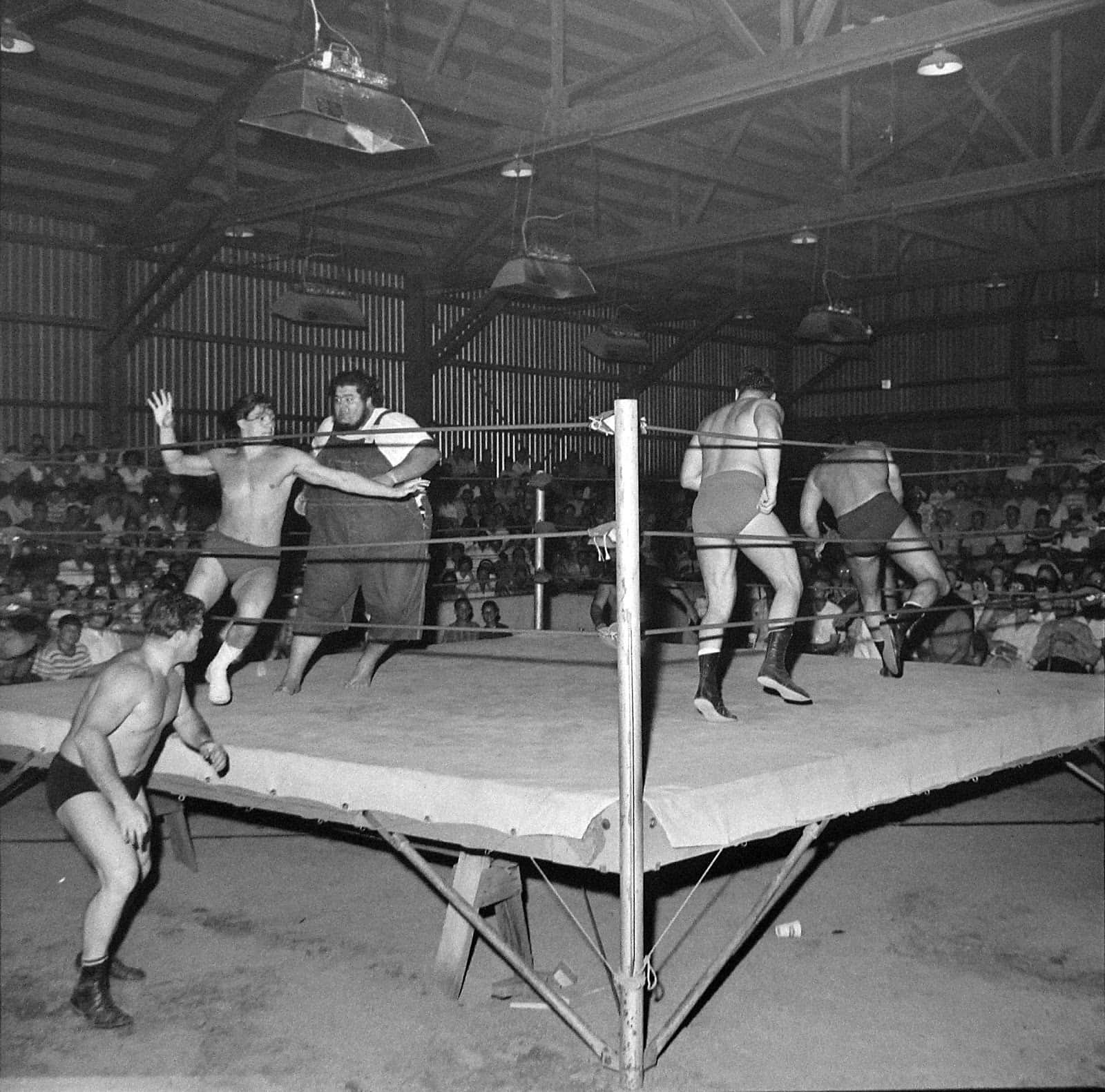 Haystacks Calhoun With Four Wrestlers In Fairgrounds Expo Wallpaper
