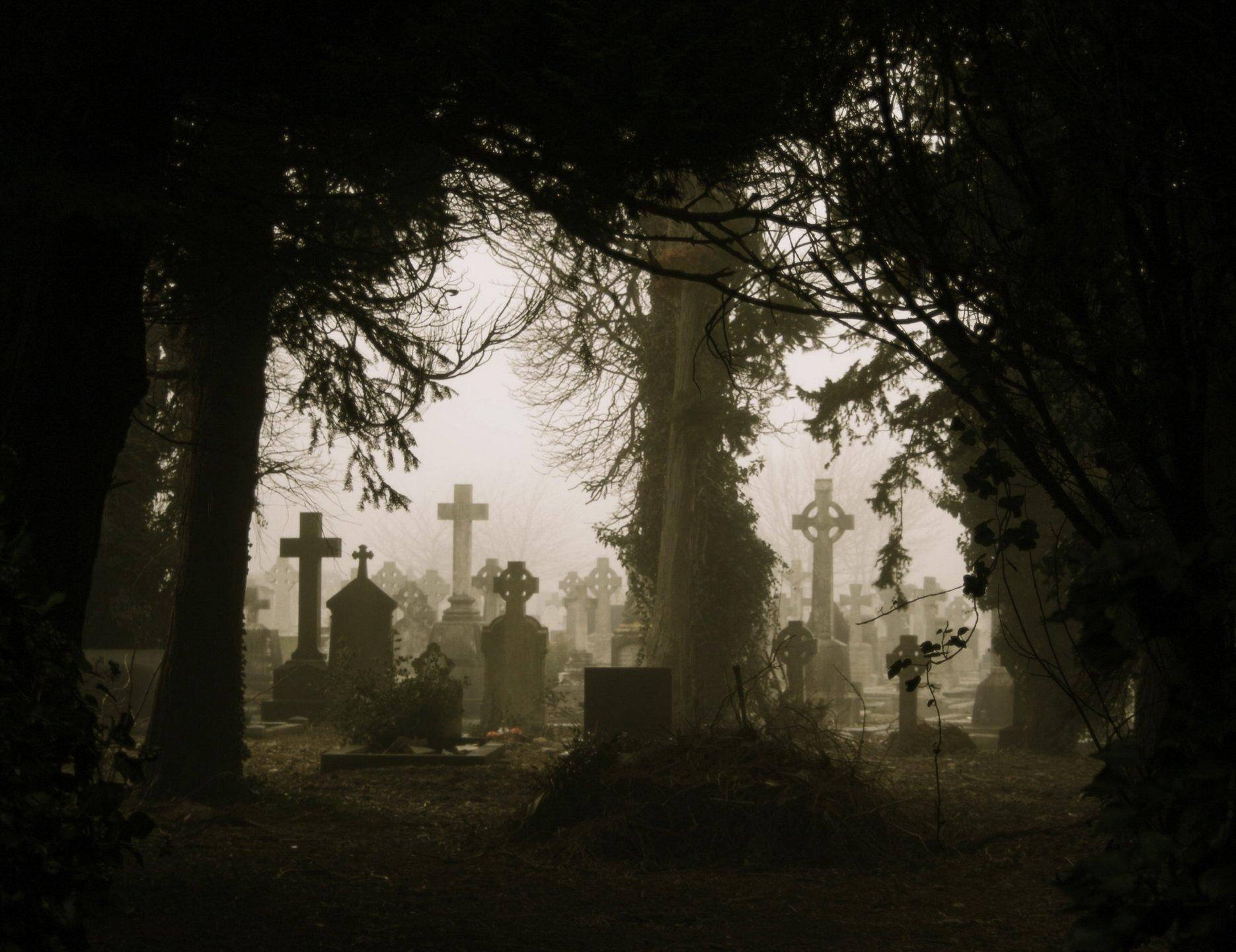 Silhouettedi Cimitero Nebbioso. Sfondo