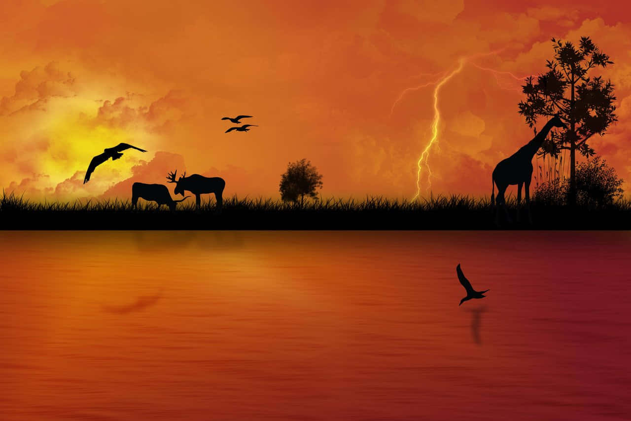 Wild Animals During Lightning Storm Hd Africa Background
