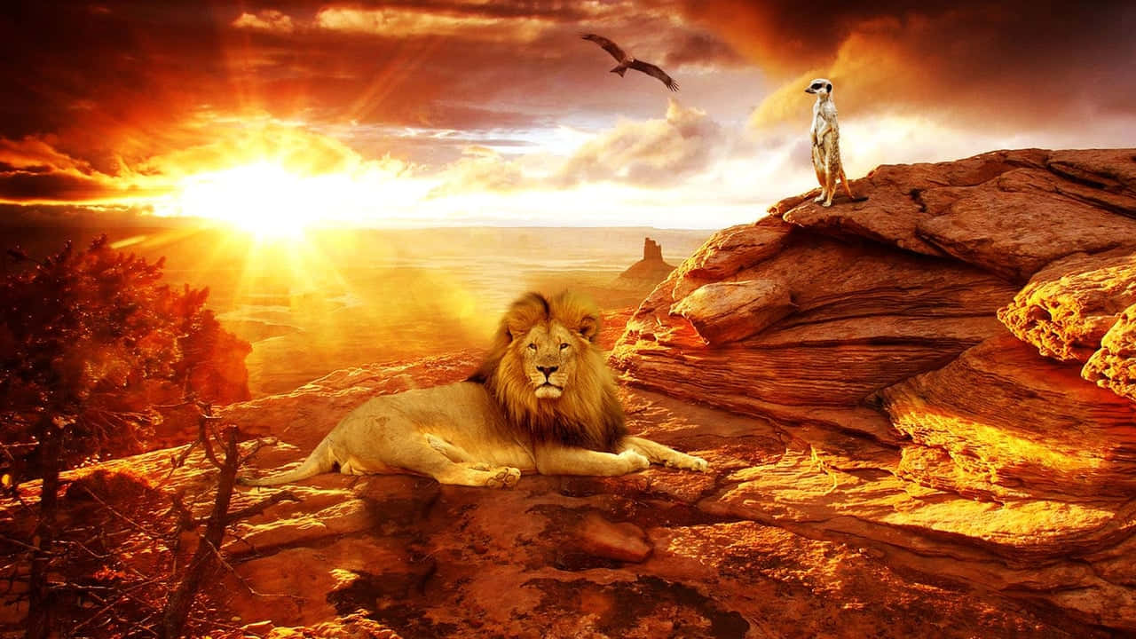 Løve Ørn Og Meerkat Solnedgang HD Afrika Baggrund