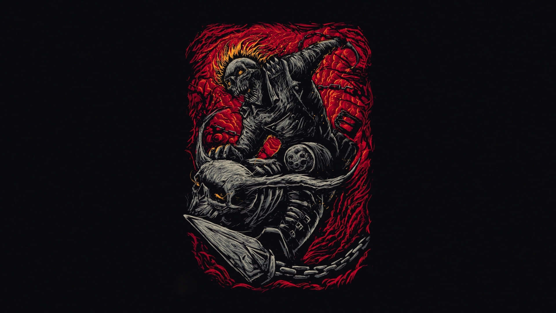 En sort og rød tatovering med en dæmon der rider på en hest. Wallpaper