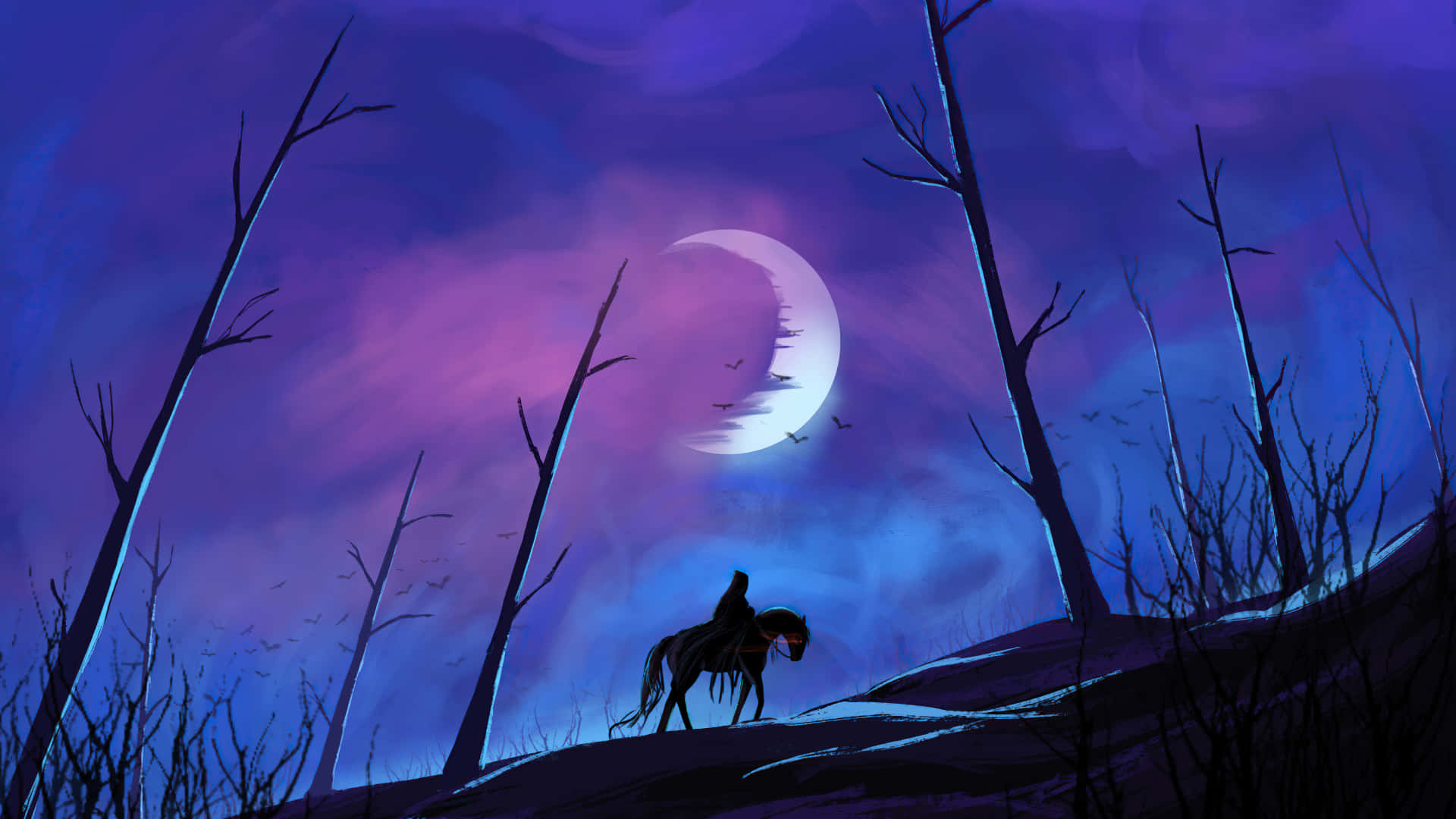 En mand rider på hesten i skoven med en fuldmåne på himlen. Wallpaper
