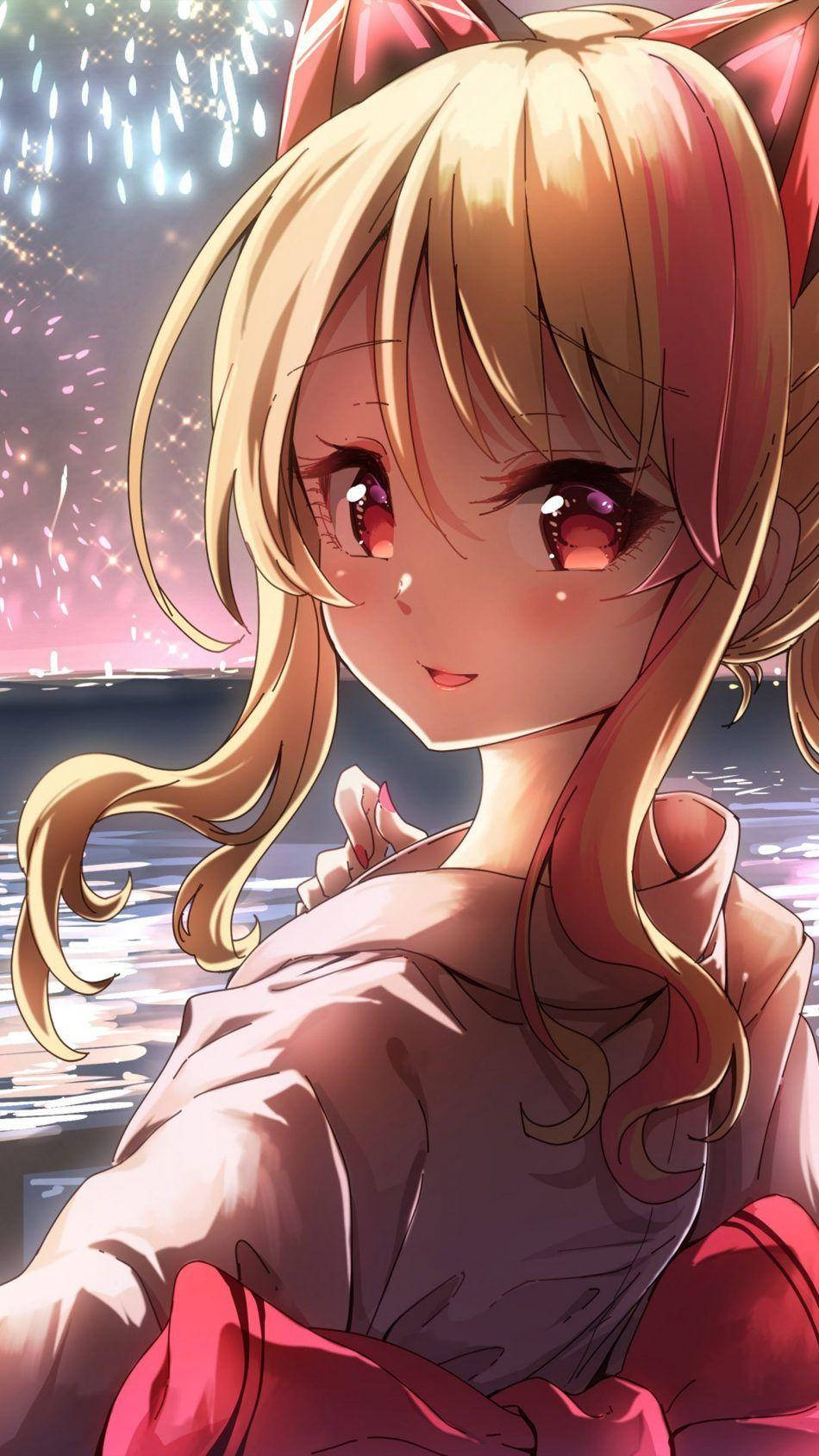 Hd Anime Phone Cat Girl With Fireworks Wallpaper