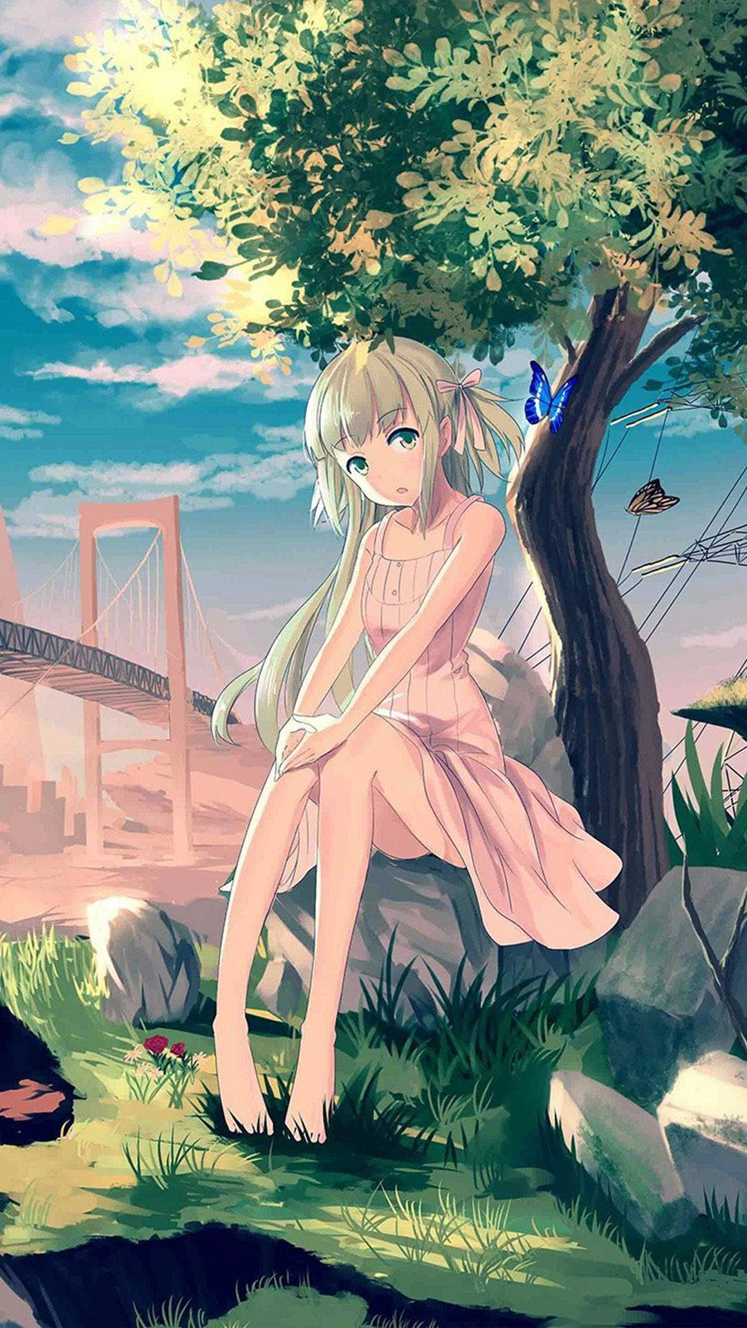 Hd Anime Phone Girl Sitting By Tree Wallpaper