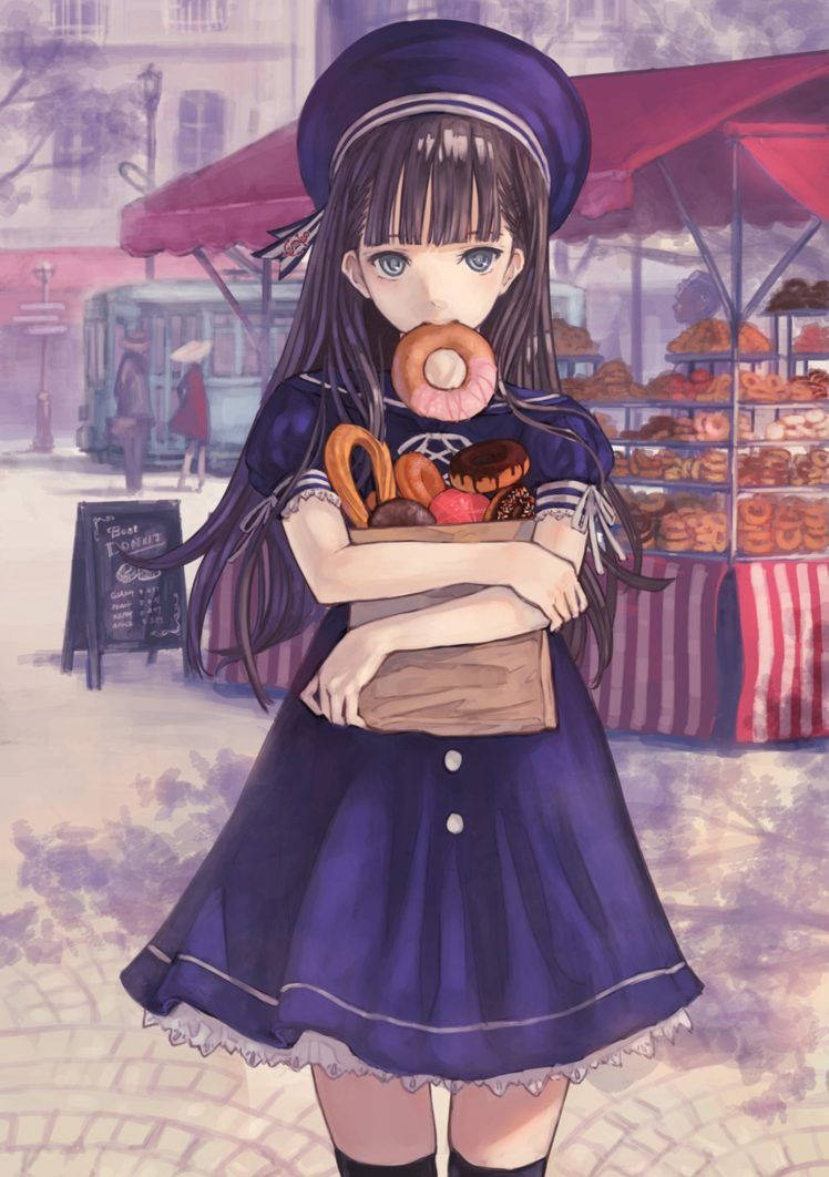 Hd Anime Phone Girl With Bag Of Pastries Wallpaper