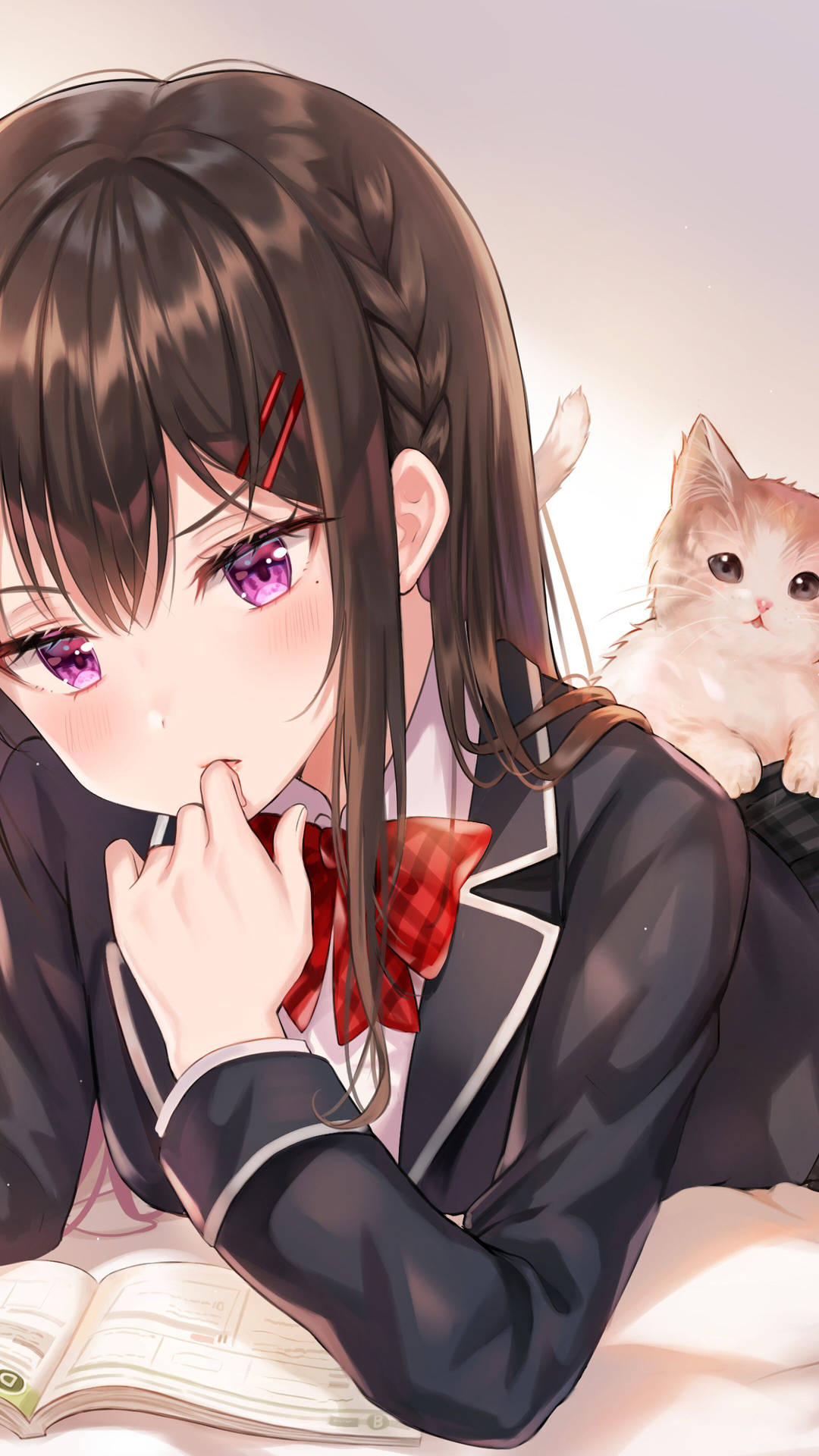 Hd Anime Phone Schoolgirl Laying Down With Cat Wallpaper