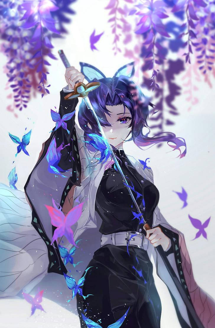 Hd Anime Phone Woman With Sword And Butterflies Wallpaper