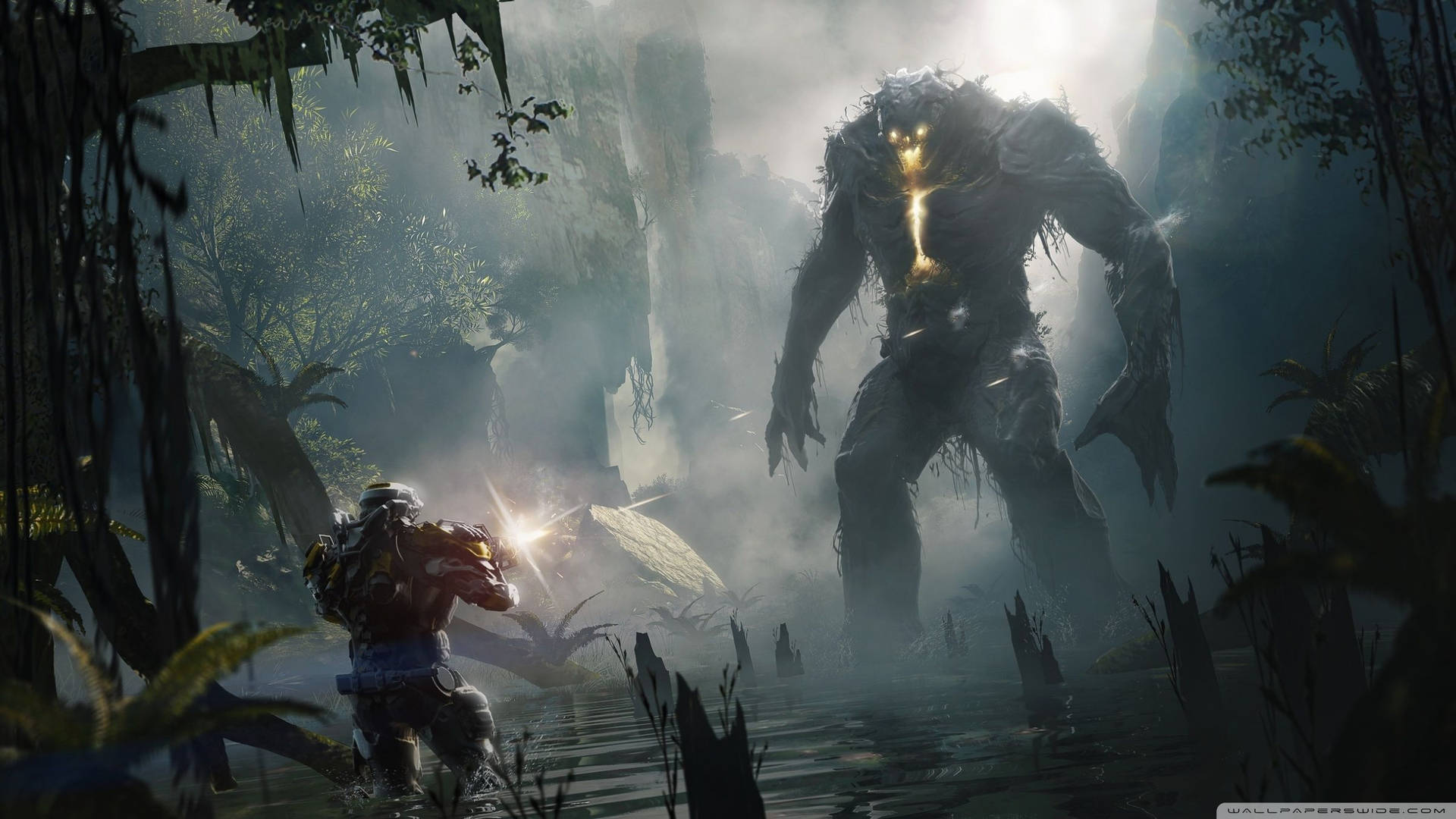 Face off between Javelin and enemy in the epic sci-fi game, Anthem. Wallpaper