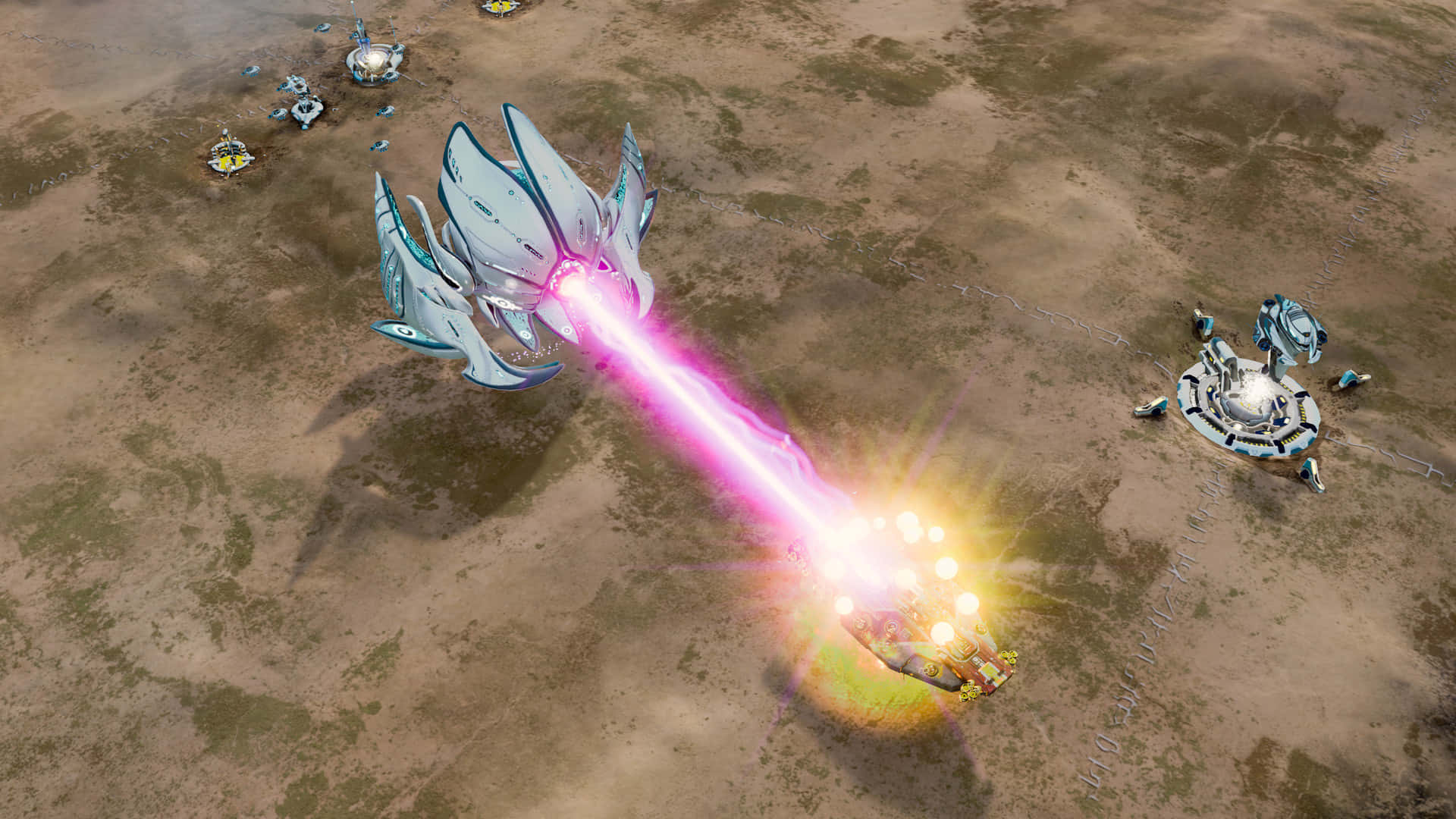 A Screenshot Of A Space Battle With A Pink Light
