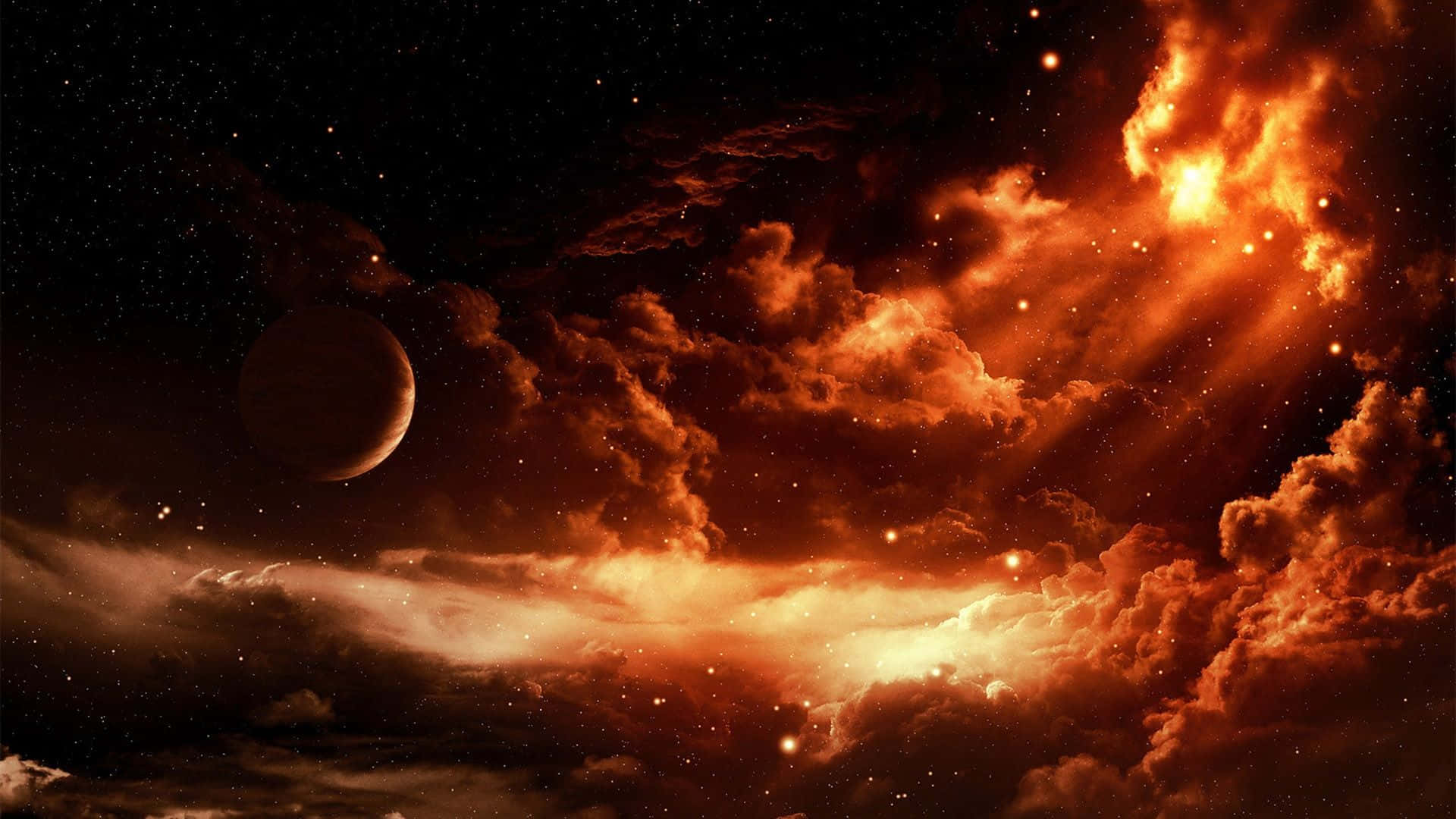 a space scene with a fire and clouds Wallpaper