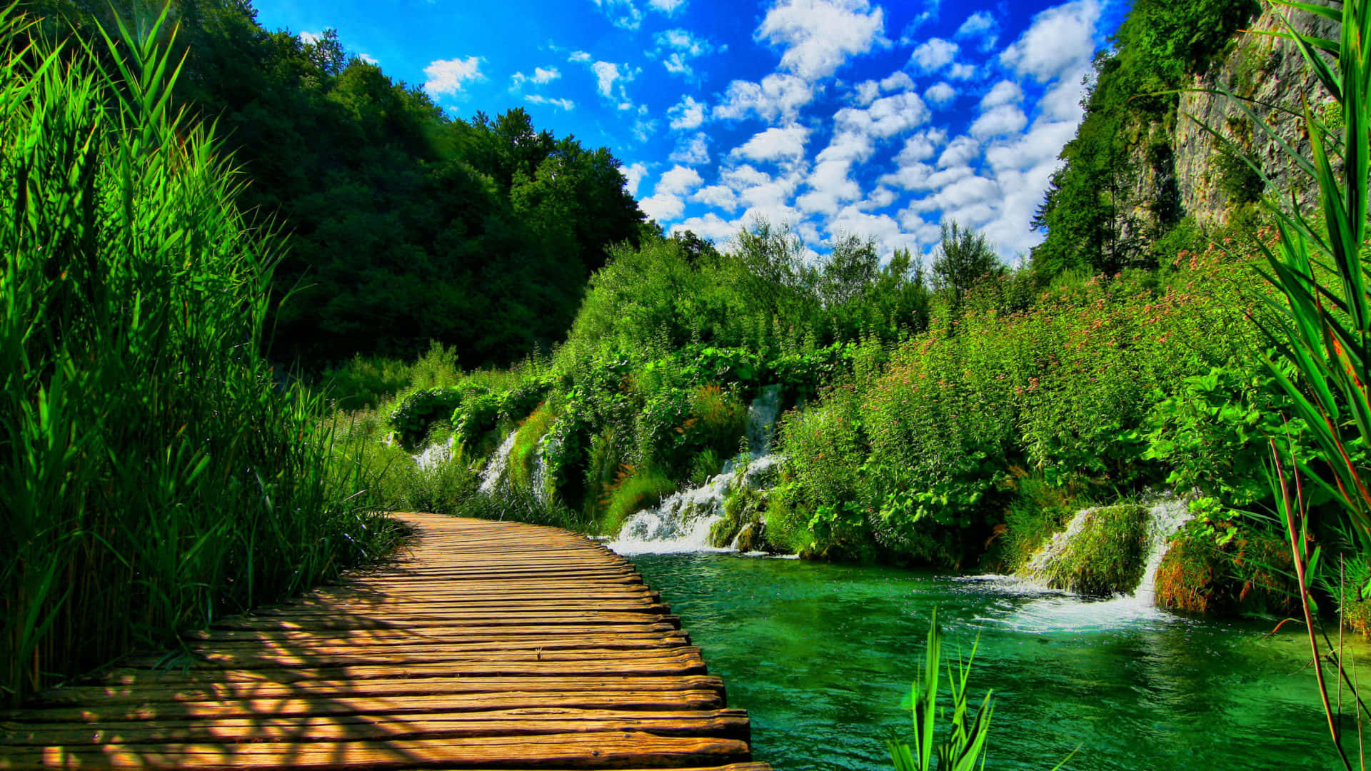 a wooden walkway leading to a waterfall Wallpaper