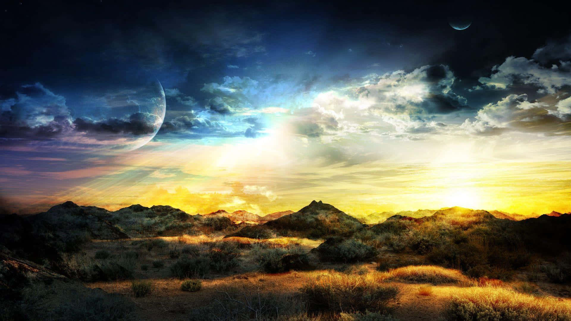 a desert landscape with a sun and moon