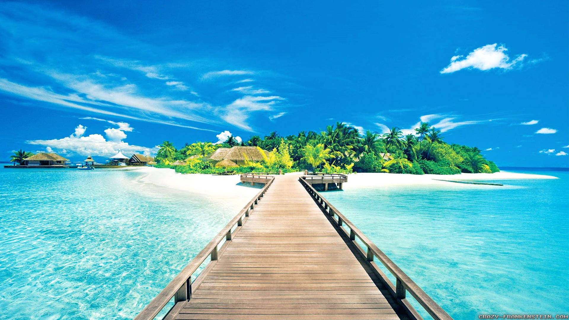 Fascinating HD wallpaper of dock on clear blue beach. 