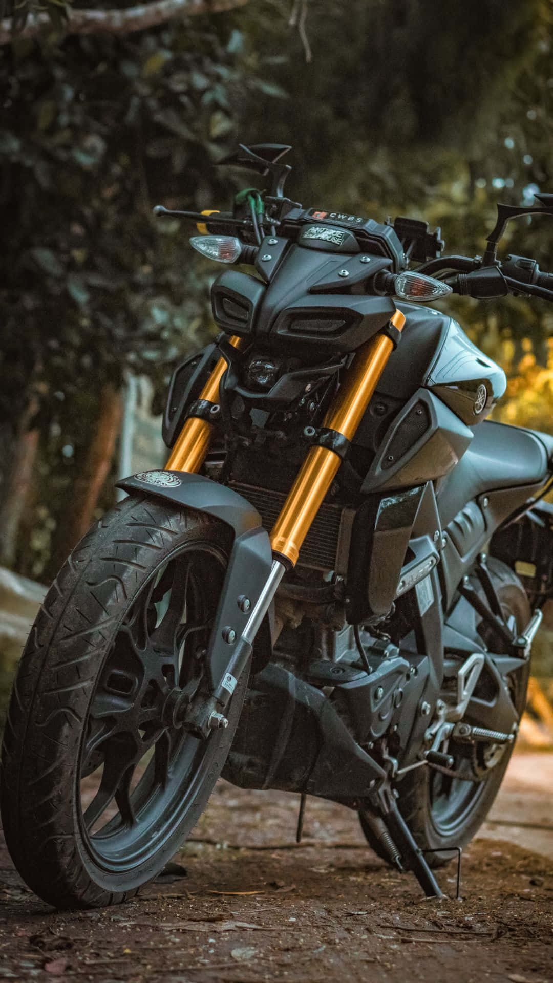 En sort motorcykel parkeret på en grusvej