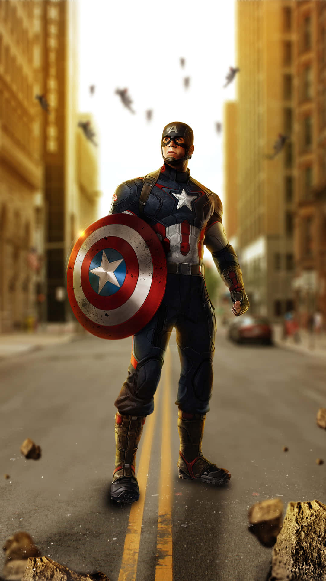 Captain America shielding the world with his vibranium shield.
