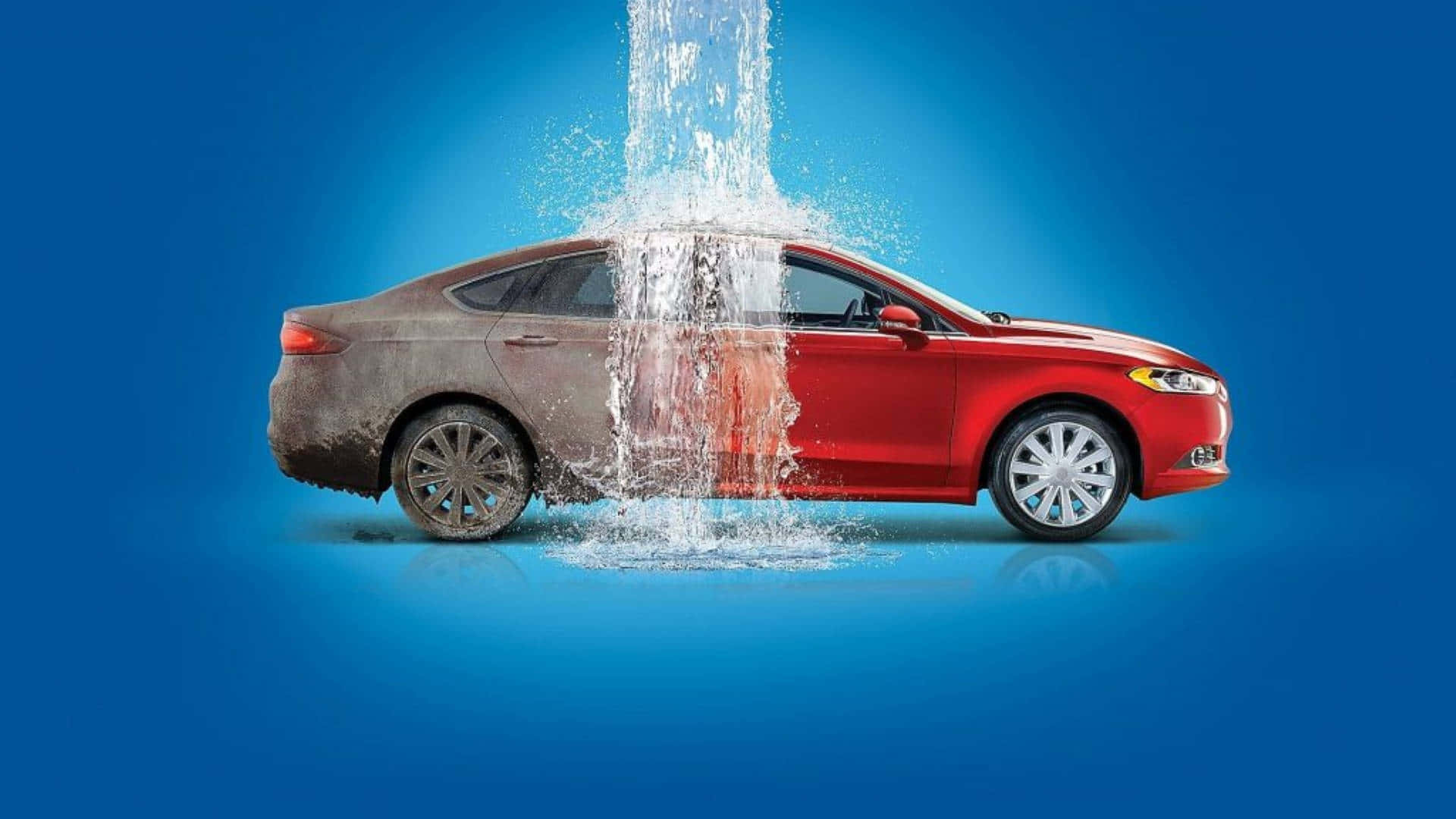 A Red Car Is Being Washed With Water