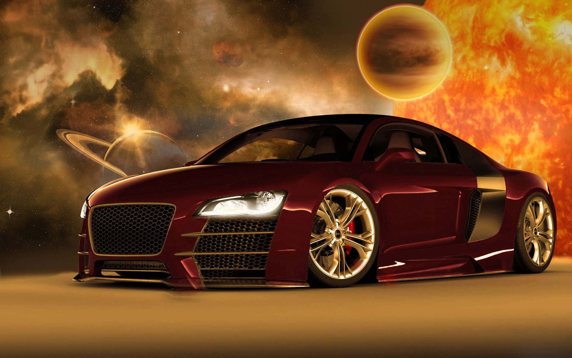 A Red Car In Space With A Planet In The Background