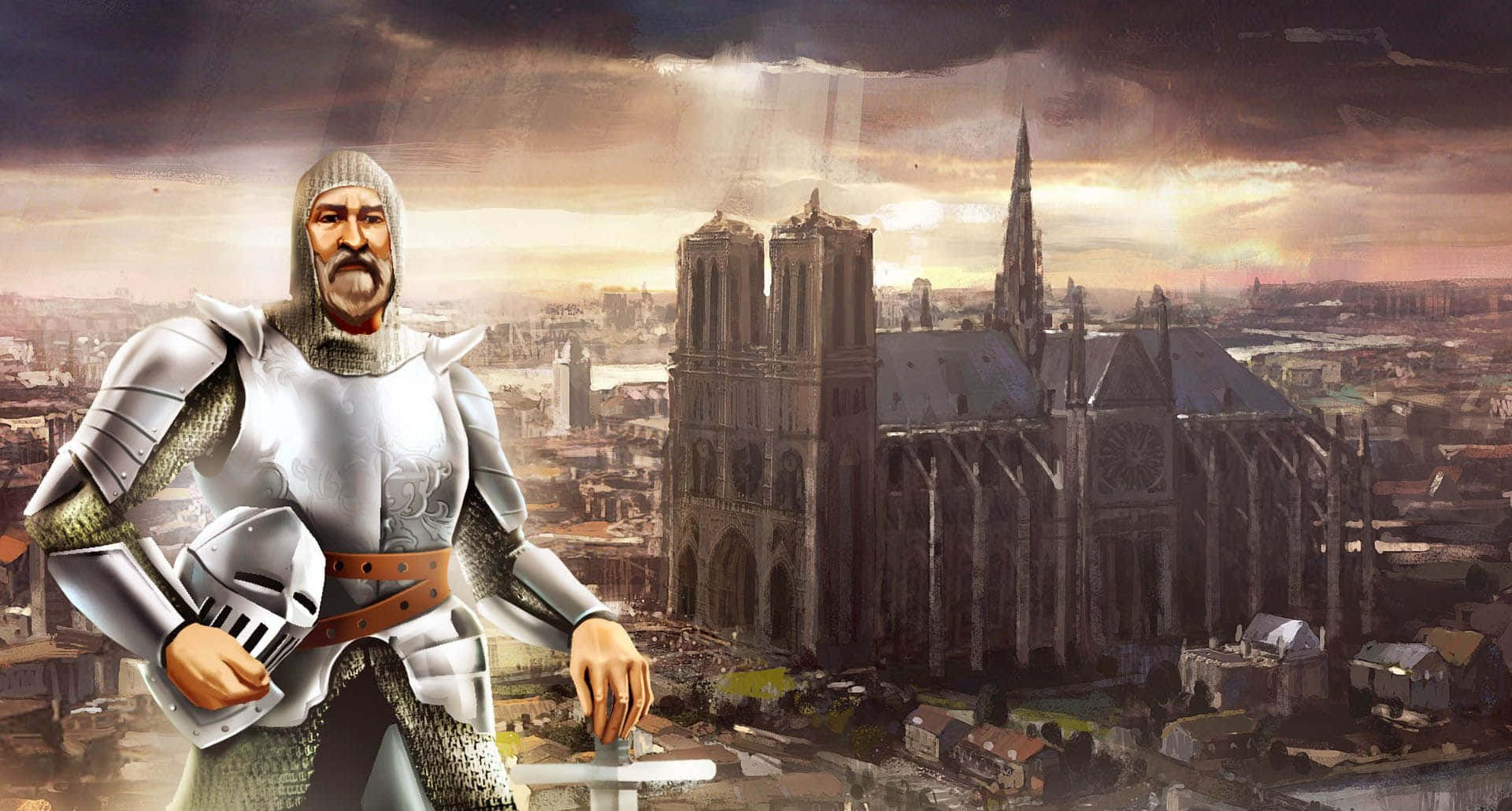 A Man In Armor Standing In Front Of A City