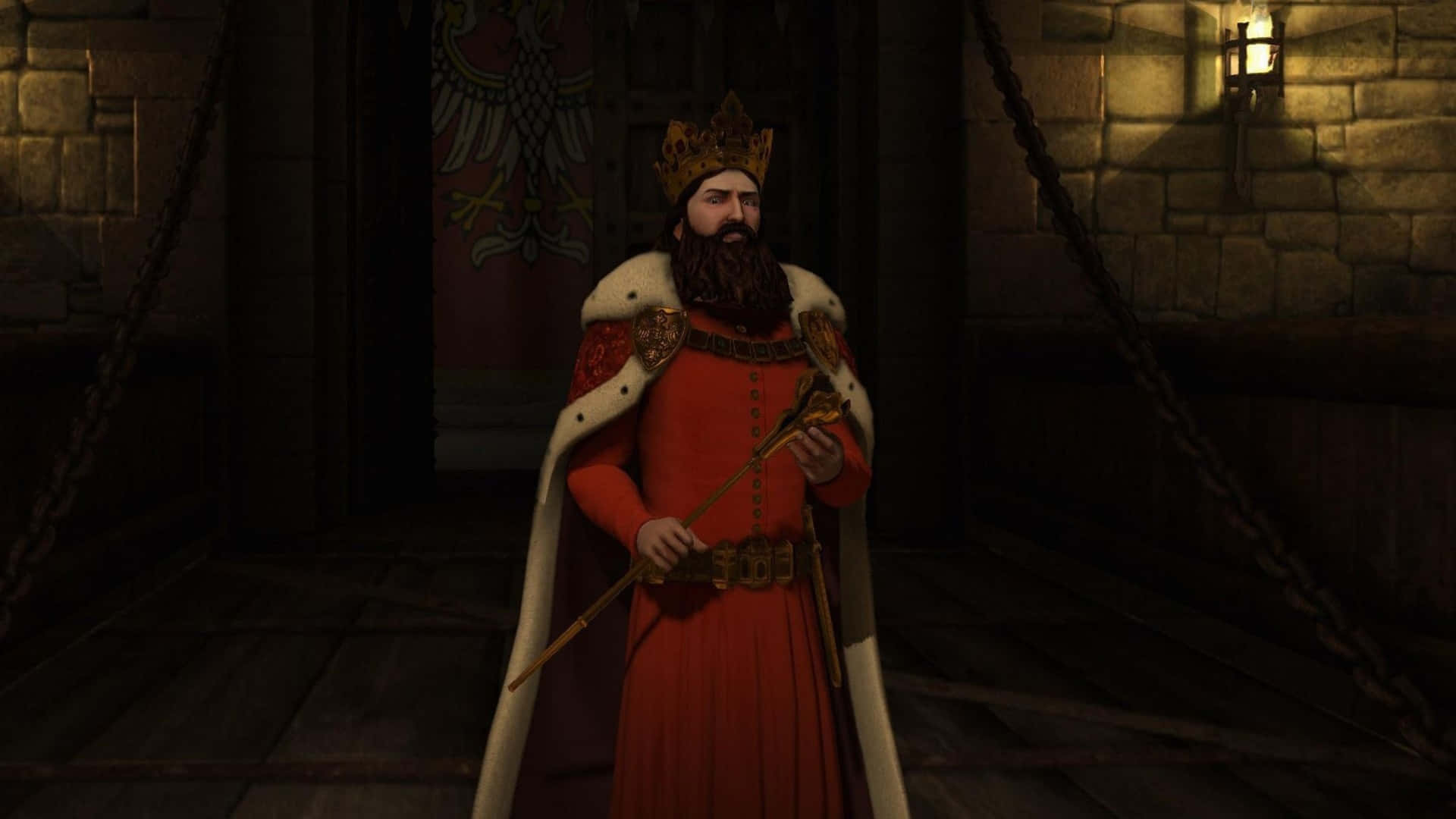 A Man In Red And Gold Is Standing In A Hallway