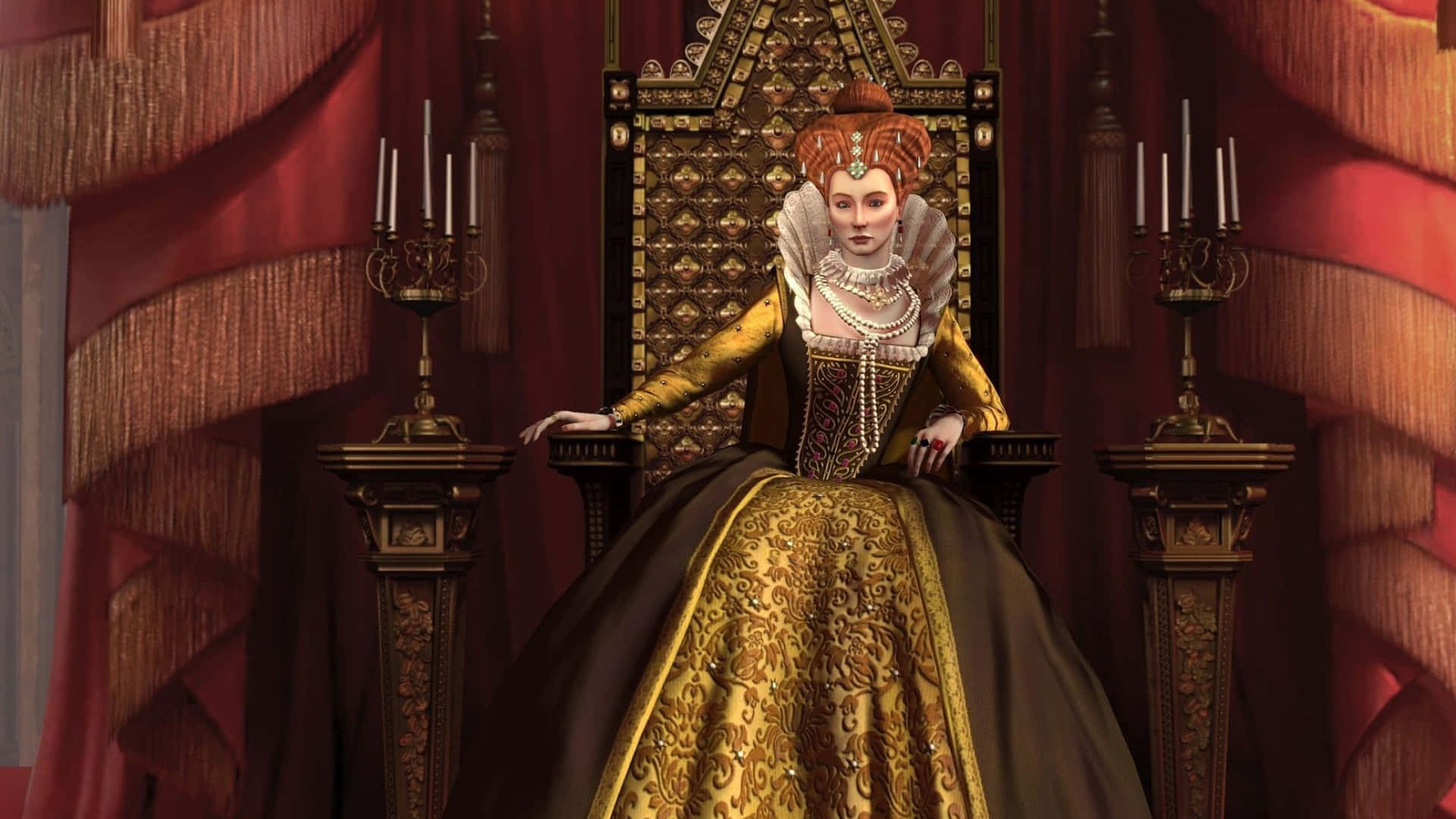 A Woman In A Golden Gown Sits On A Throne