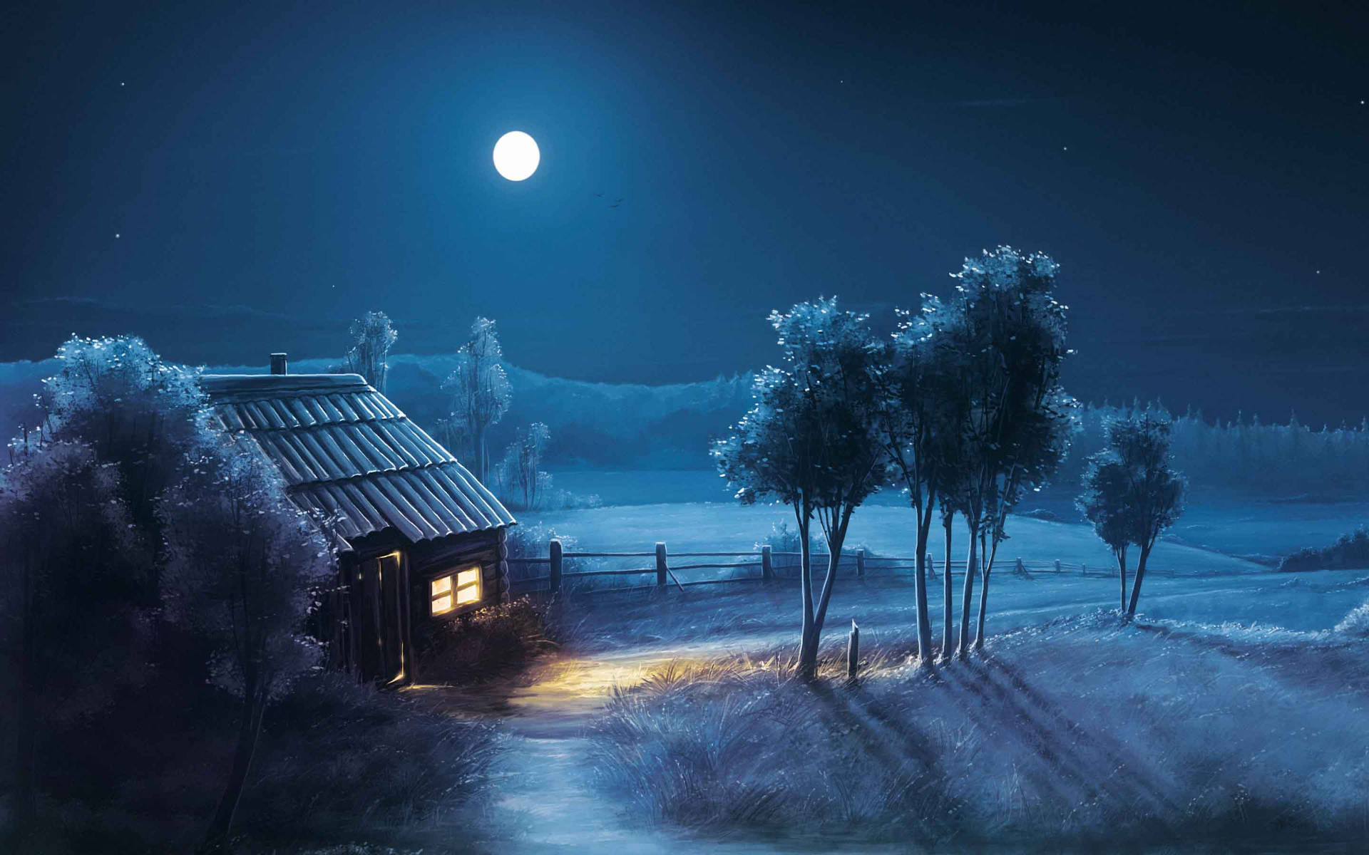 HD wallpaper of country life at night with little cottage under the moon. 