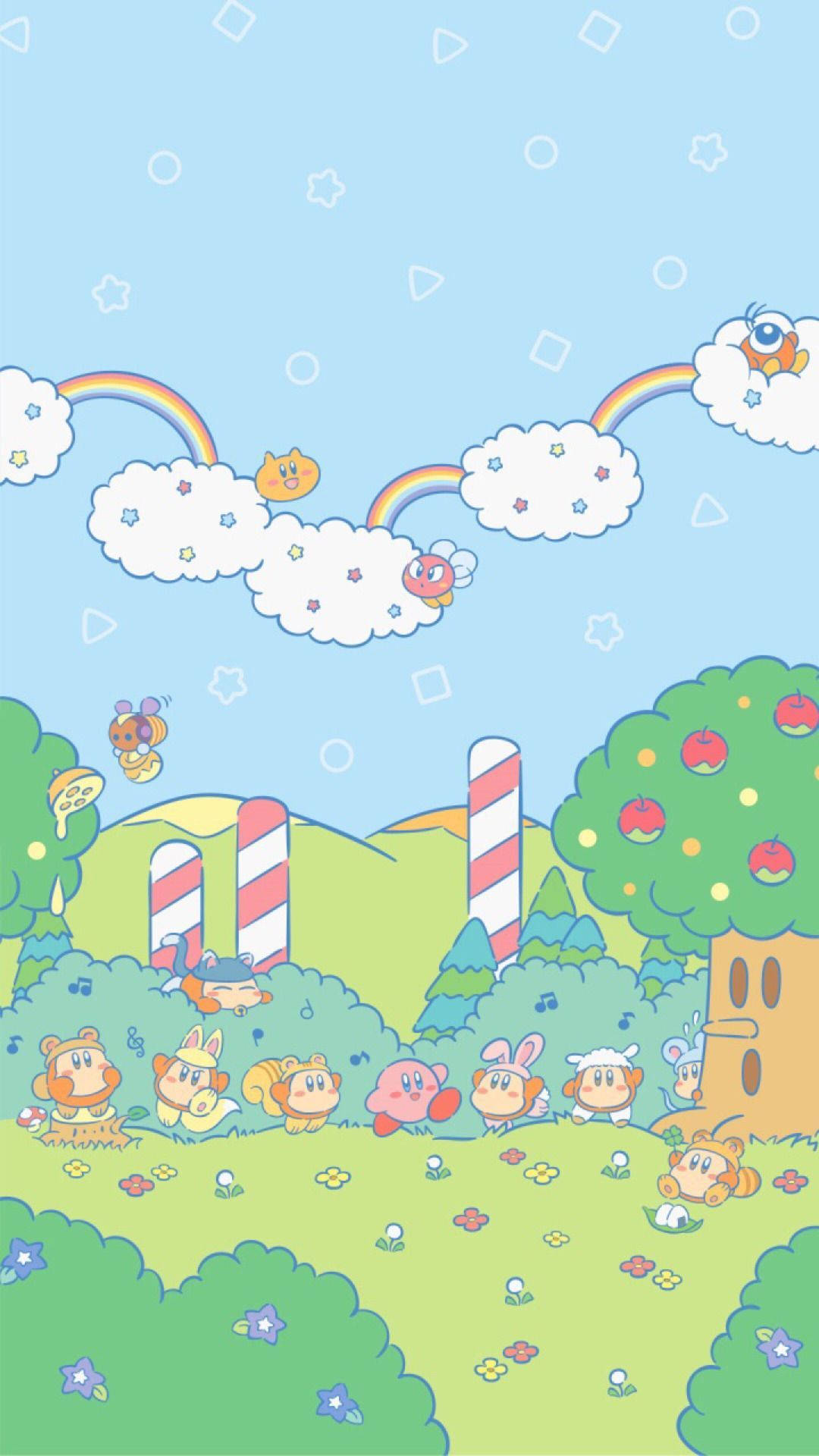 An HD quality wallpaper of Kirby and his friends playing in a wonderful place