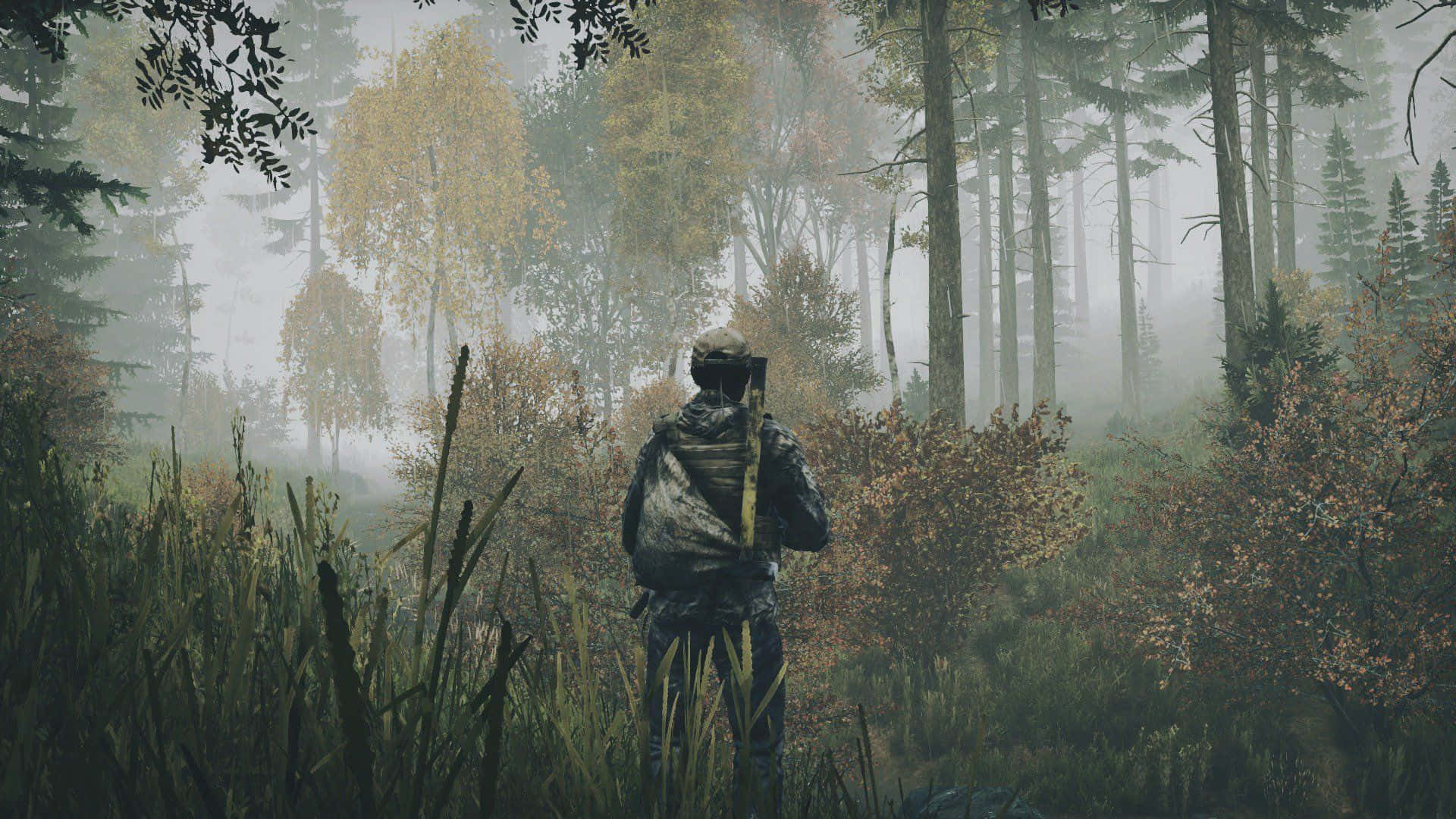 A Man Is Walking Through The Woods In A Video Game