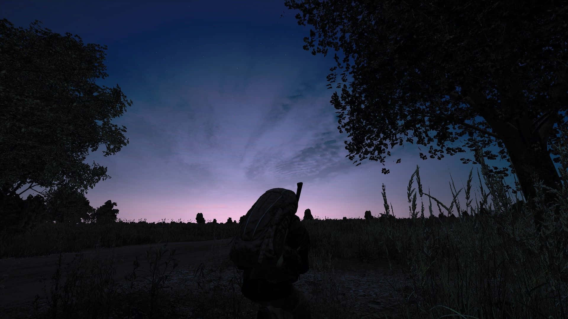 A Man Is Standing In The Middle Of A Field At Night