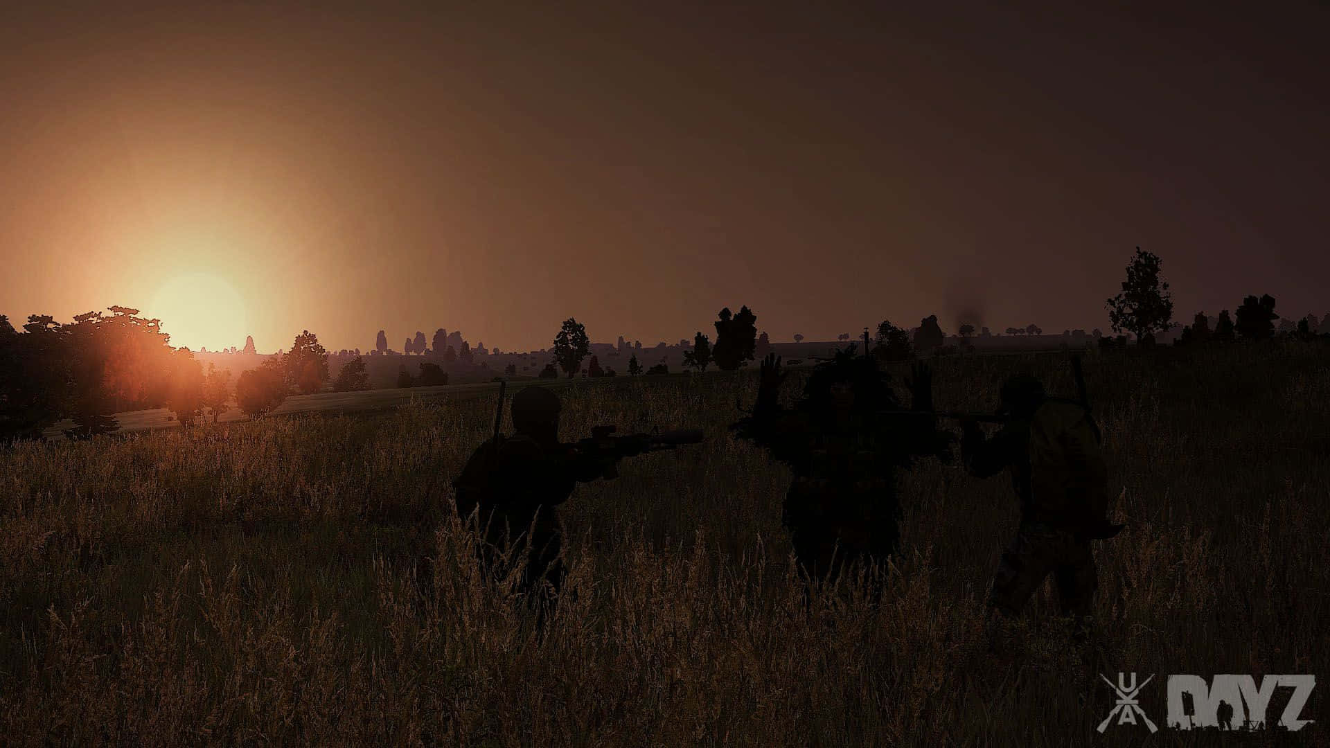 A Group Of Soldiers Are Standing In A Field At Sunset