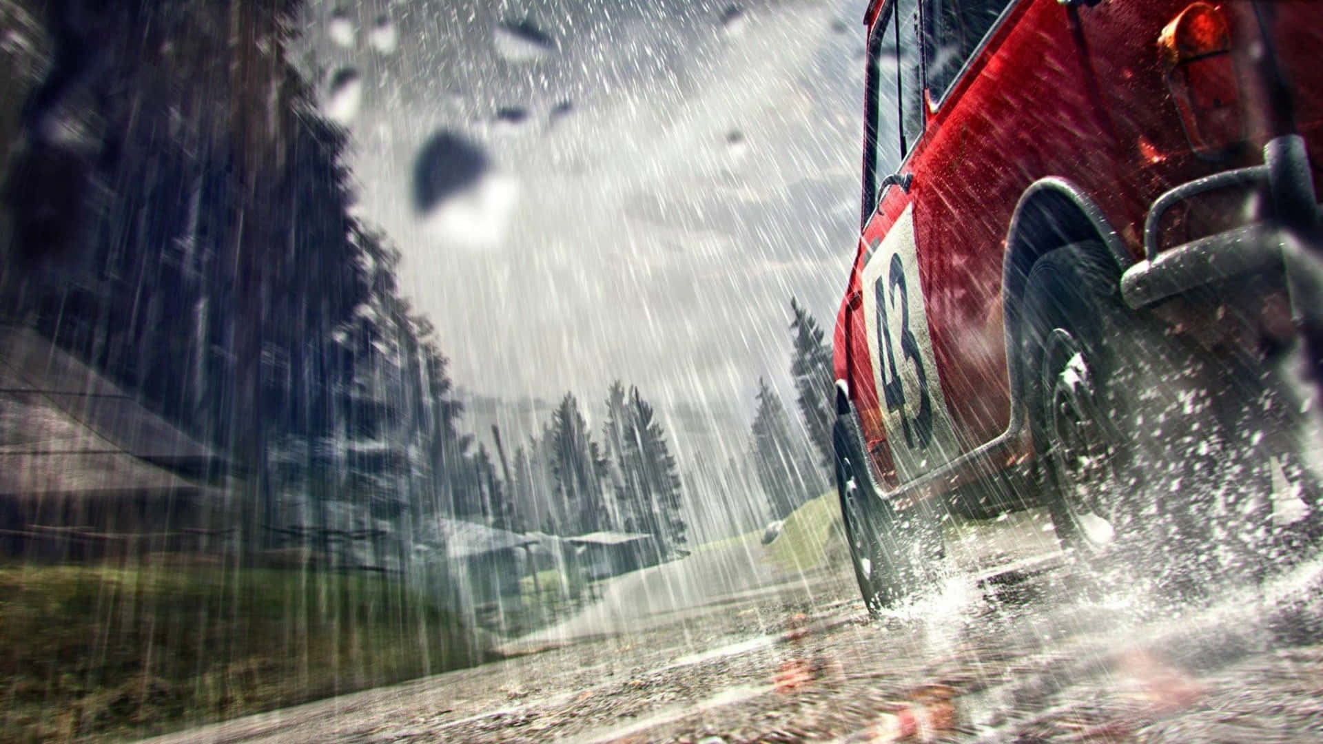 A Red Car Driving Through The Rain