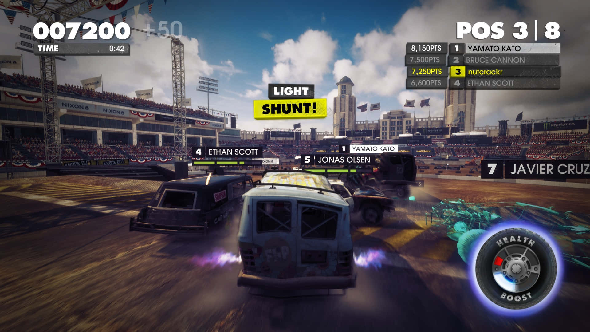 Et skærmbillede af et spil med biler og lastbiler