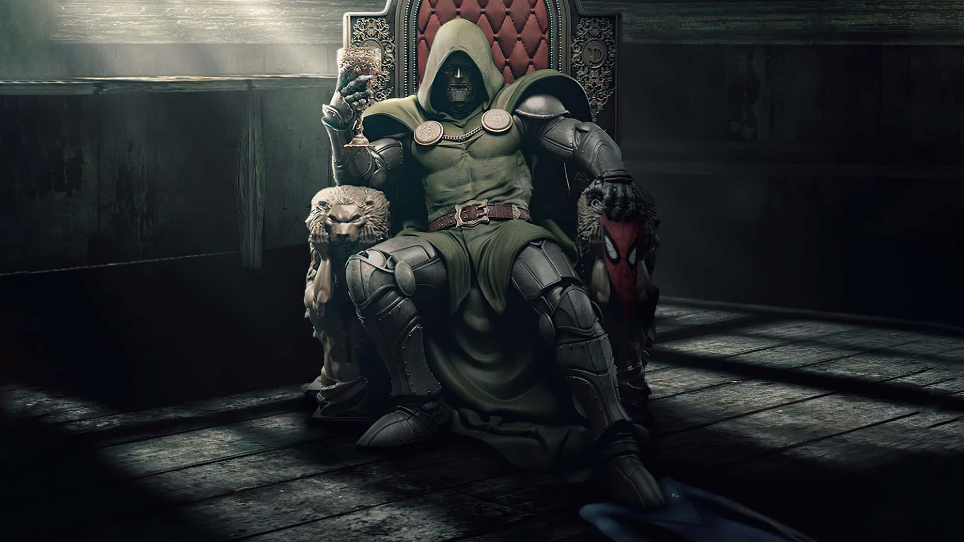 En mand sidder på en trone med et sværd og et krone.