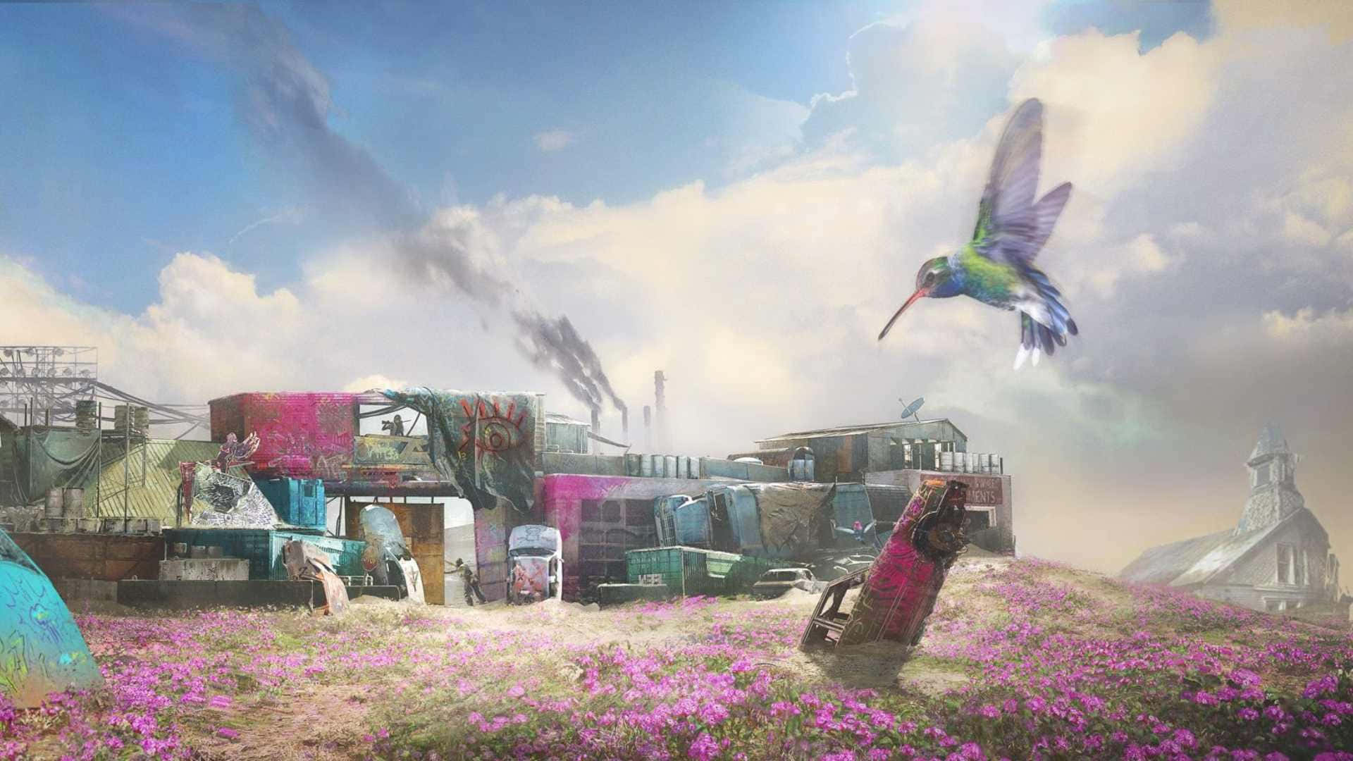A Hummingbird Is Flying Over A Field Of Flowers