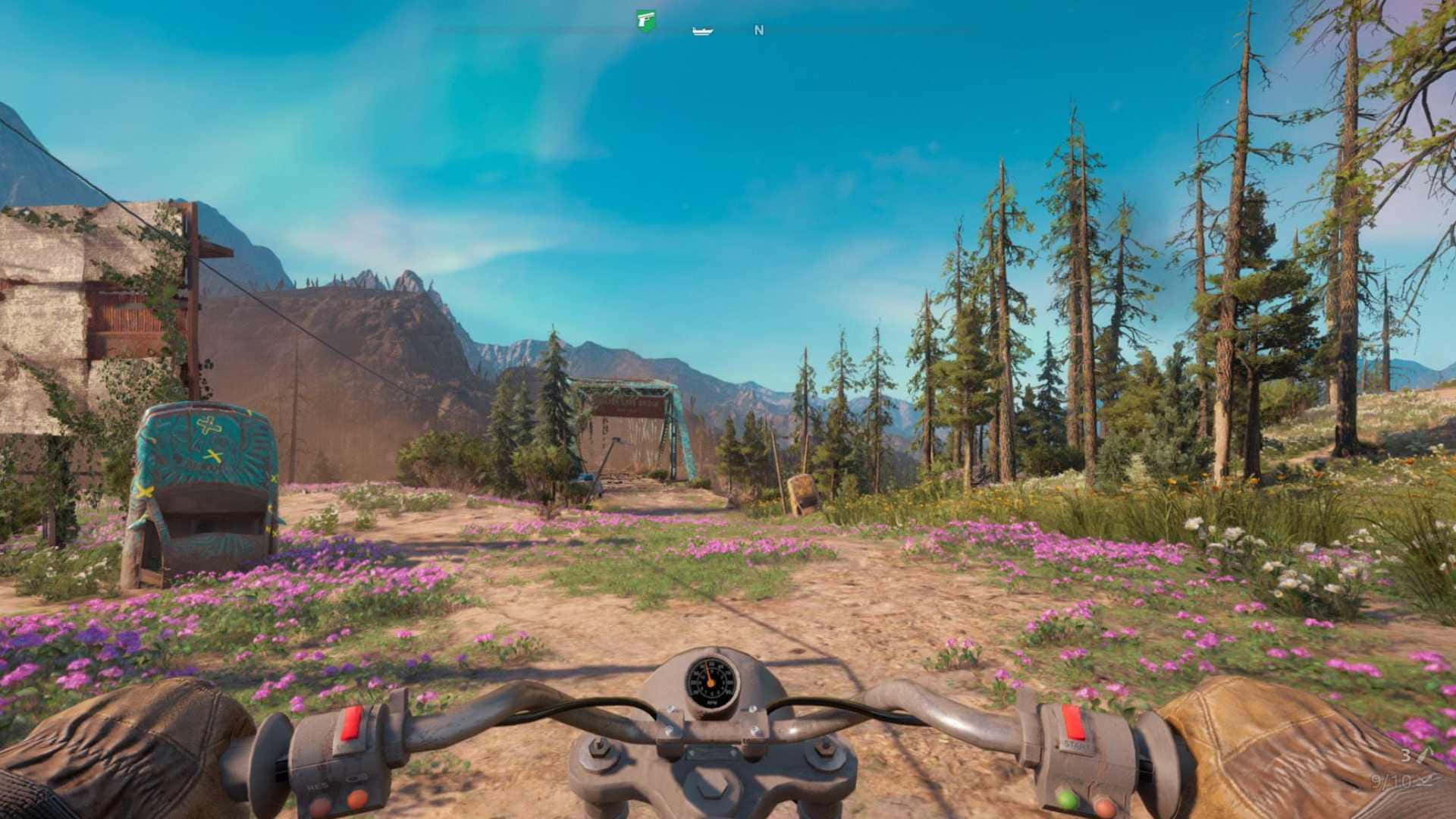 A Motorcycle Is Driving Through A Field Of Flowers